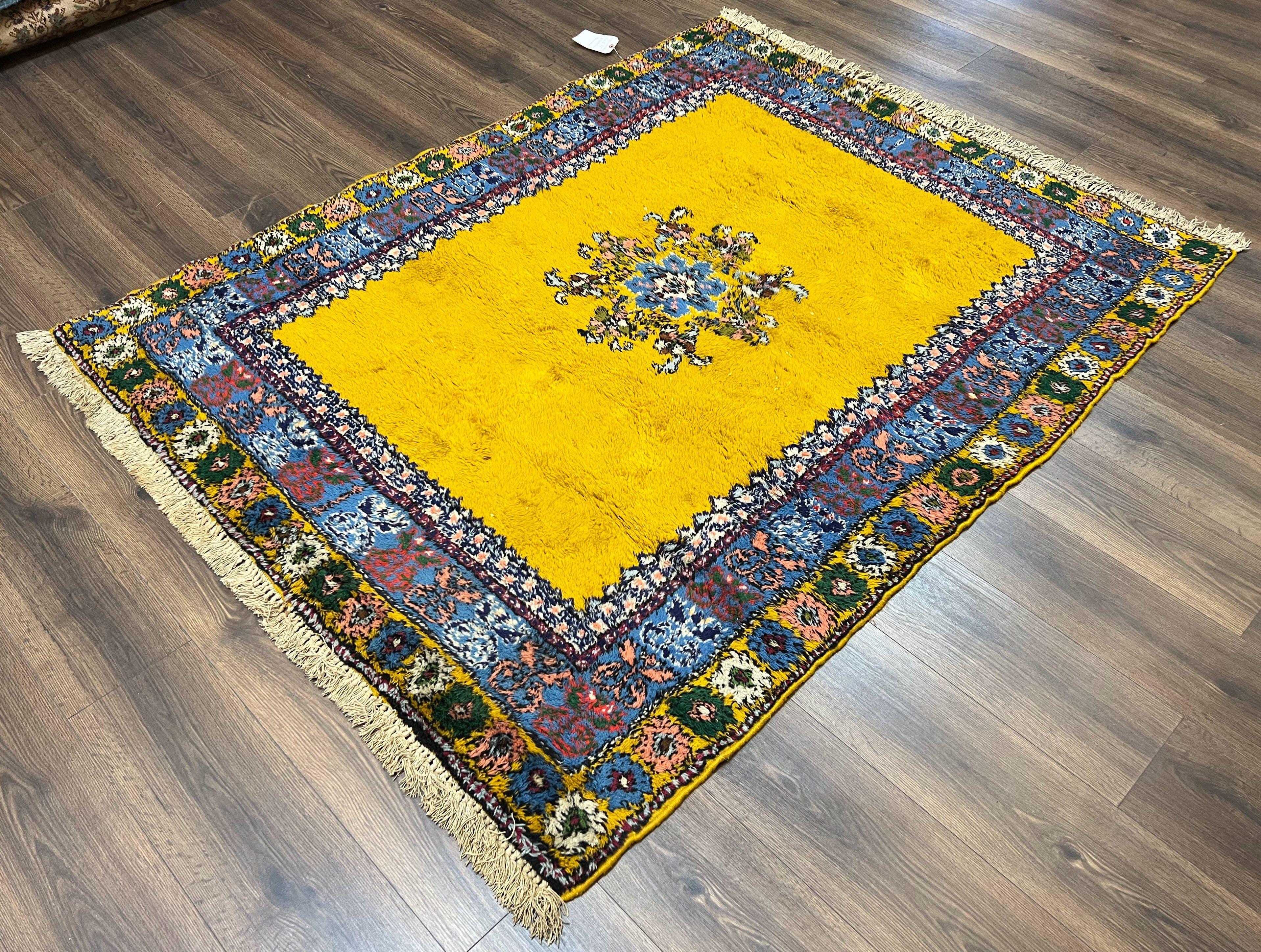 Bright Moroccan Rug 5x6, Rabat Rug 5 x 6, Mustard Yellow and Blue, Open Field and Medallion, Soft Wool Oriental Carpet, Handmade Vintage Rug - Jewel Rugs