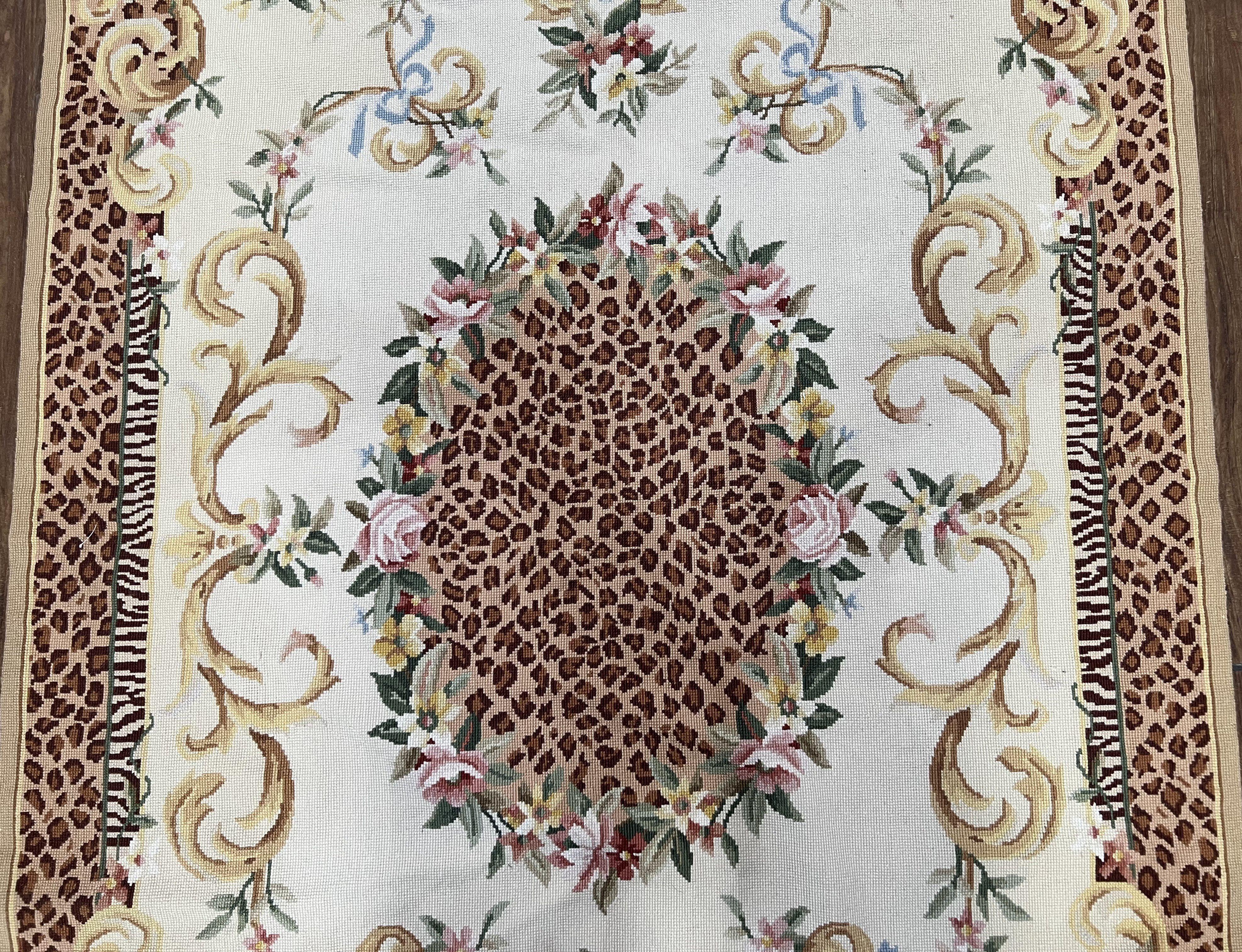 Needlepoint Rug 4x6 European Carpet, Leopard Print Rug, French Aubusson Savonnerie Design, Elegant Rug, Flatweave Rug, Wool Hand-Woven Ivory - Jewel Rugs