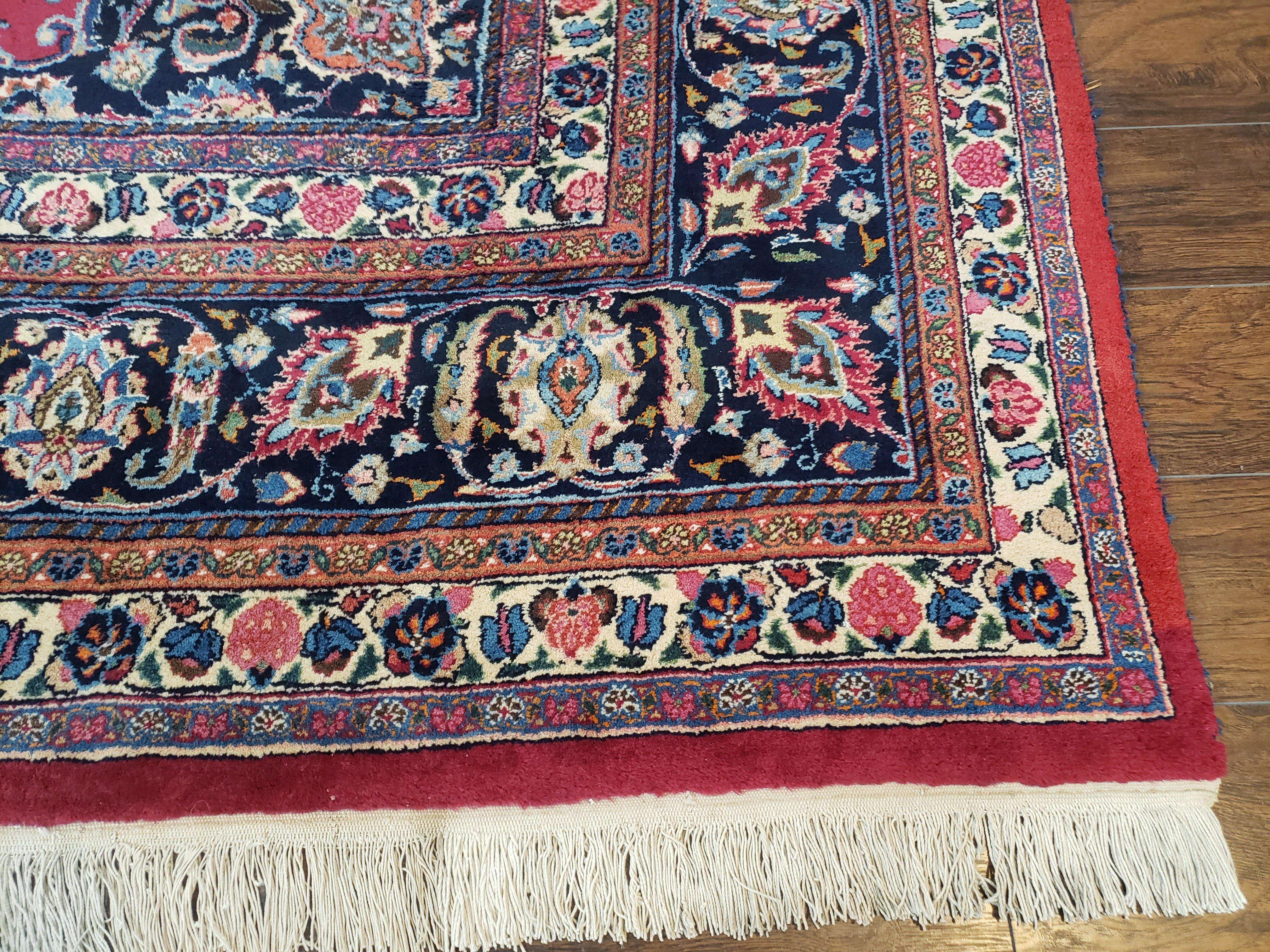 1950s Persian Mashad Rug 8' 3" x 11' 7", Room Sized Persian Carpet, Semi Antique, Medallion with Floral Allover Pattern, Red and Navy Blue Signature Master Weaver - Jewel Rugs