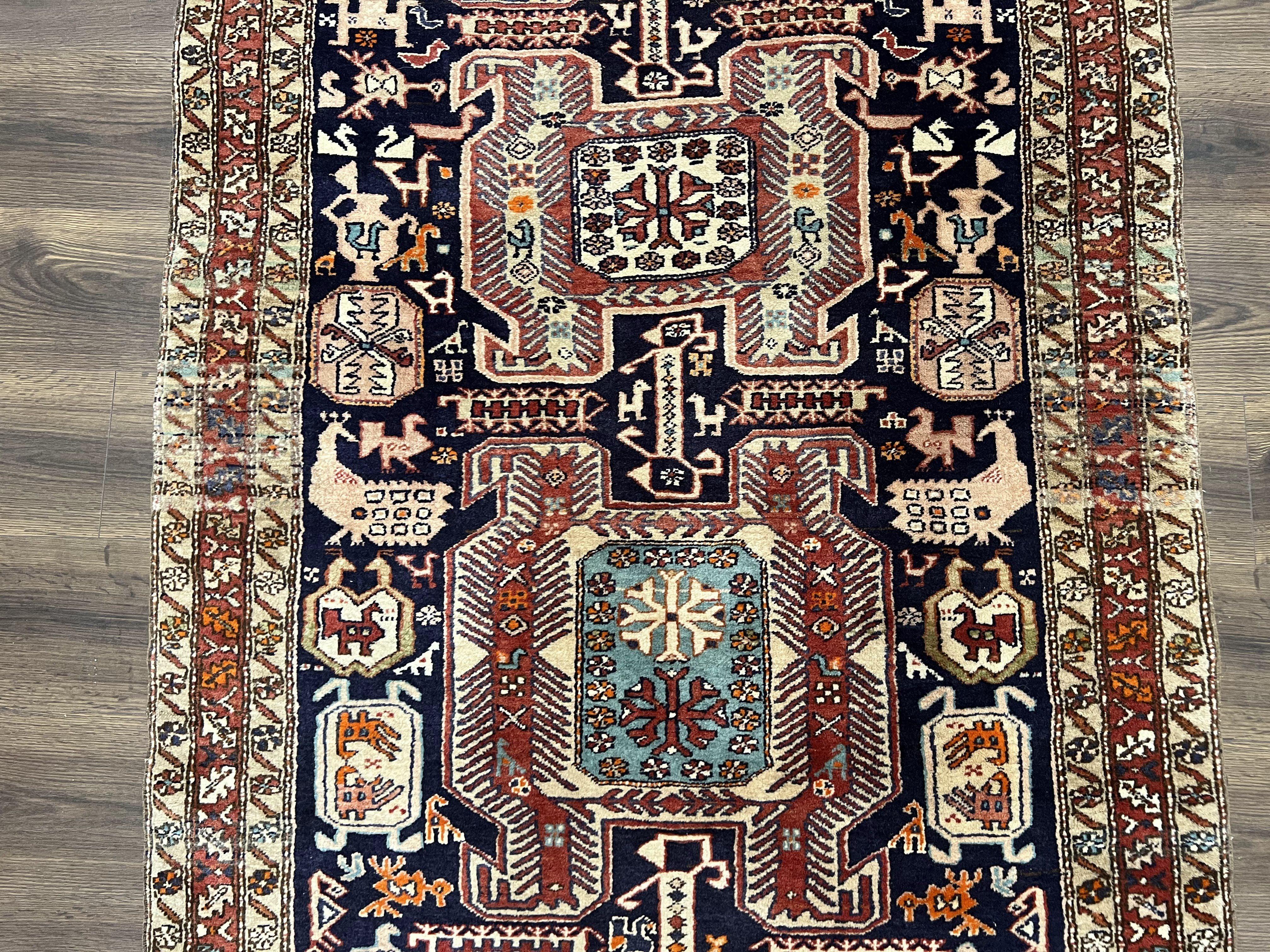 Unique Persian Tribal Runner Rug 4x10, Northwestern Persian Ardabil Runner, Birds Peacock Pictorials, Wool Antique Runner, Hand Knotted, Midnight Blue and Red - Jewel Rugs