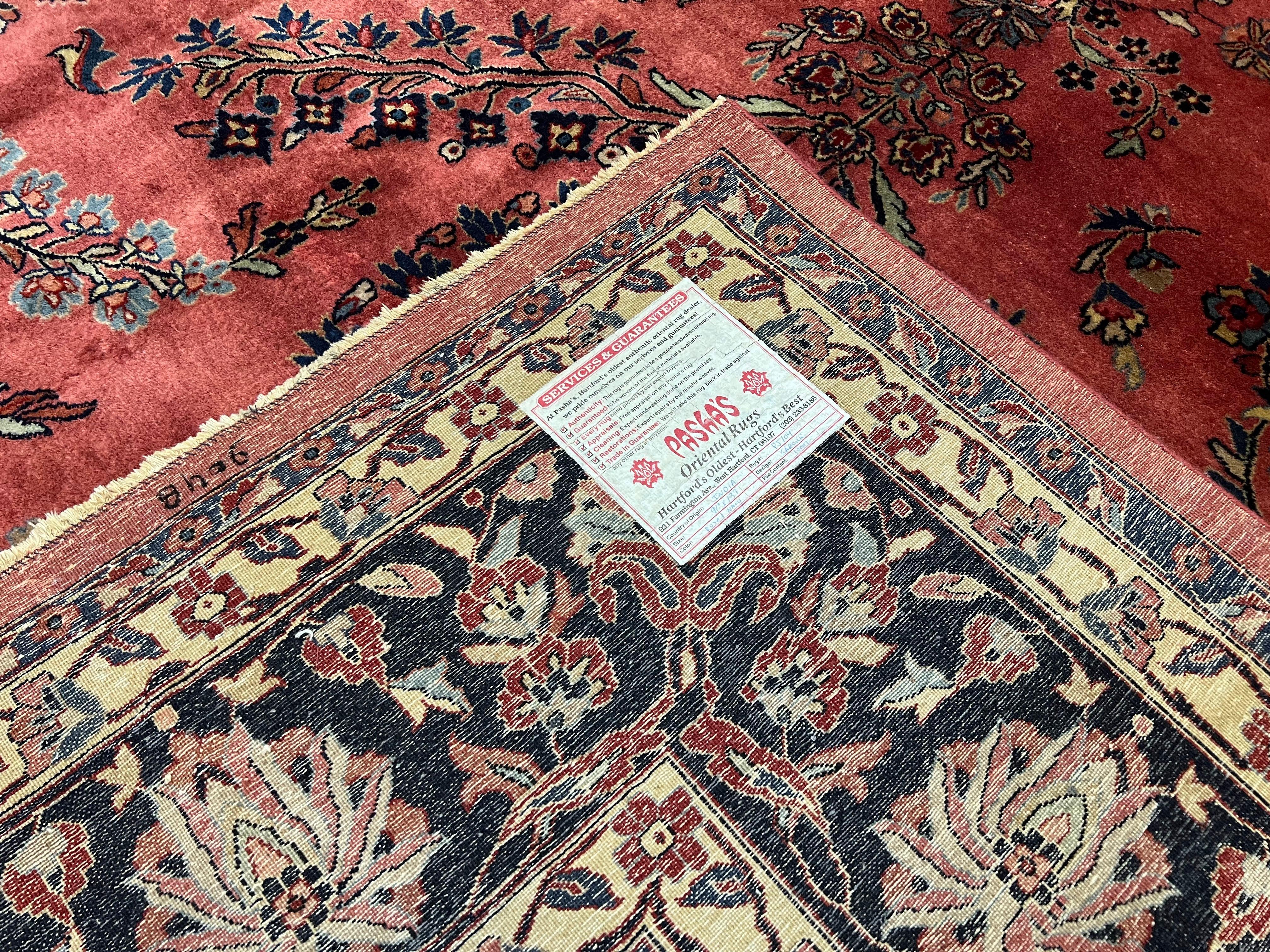 Indo Sarouk Rug 10x14, Vintage Indian Persian Area Rug 10 x 14, Wool Hand-Knotted Oriental Carpet, Red Floral Allover Large Rug, Beautiful - Jewel Rugs