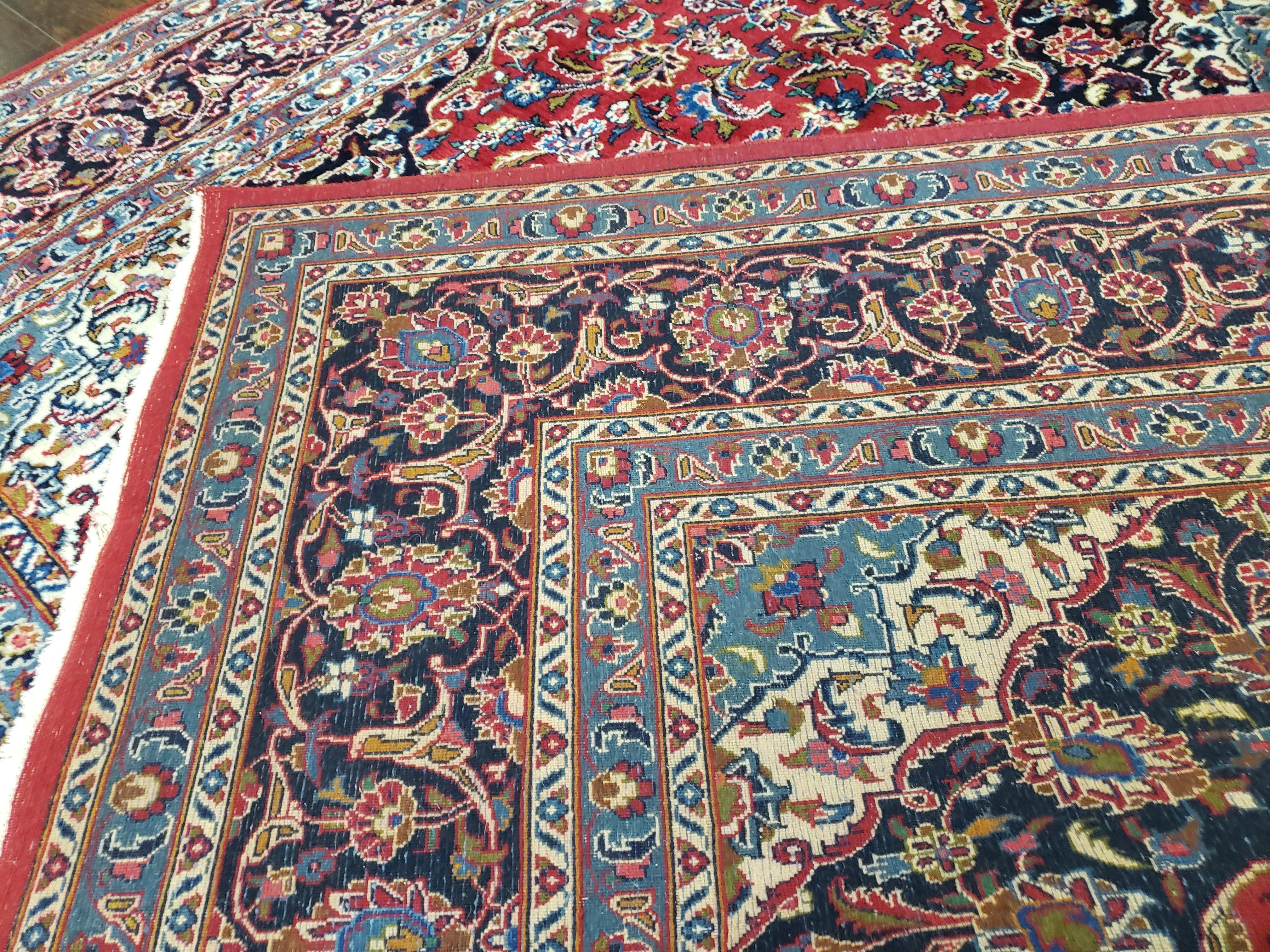 Persian Kashan Rug 9.6 x 13.5, Red and Blue Antique Persian Carpet, Hand Knotted, Medallion Allover Floral, High Quality Large Wool Carpet - Jewel Rugs