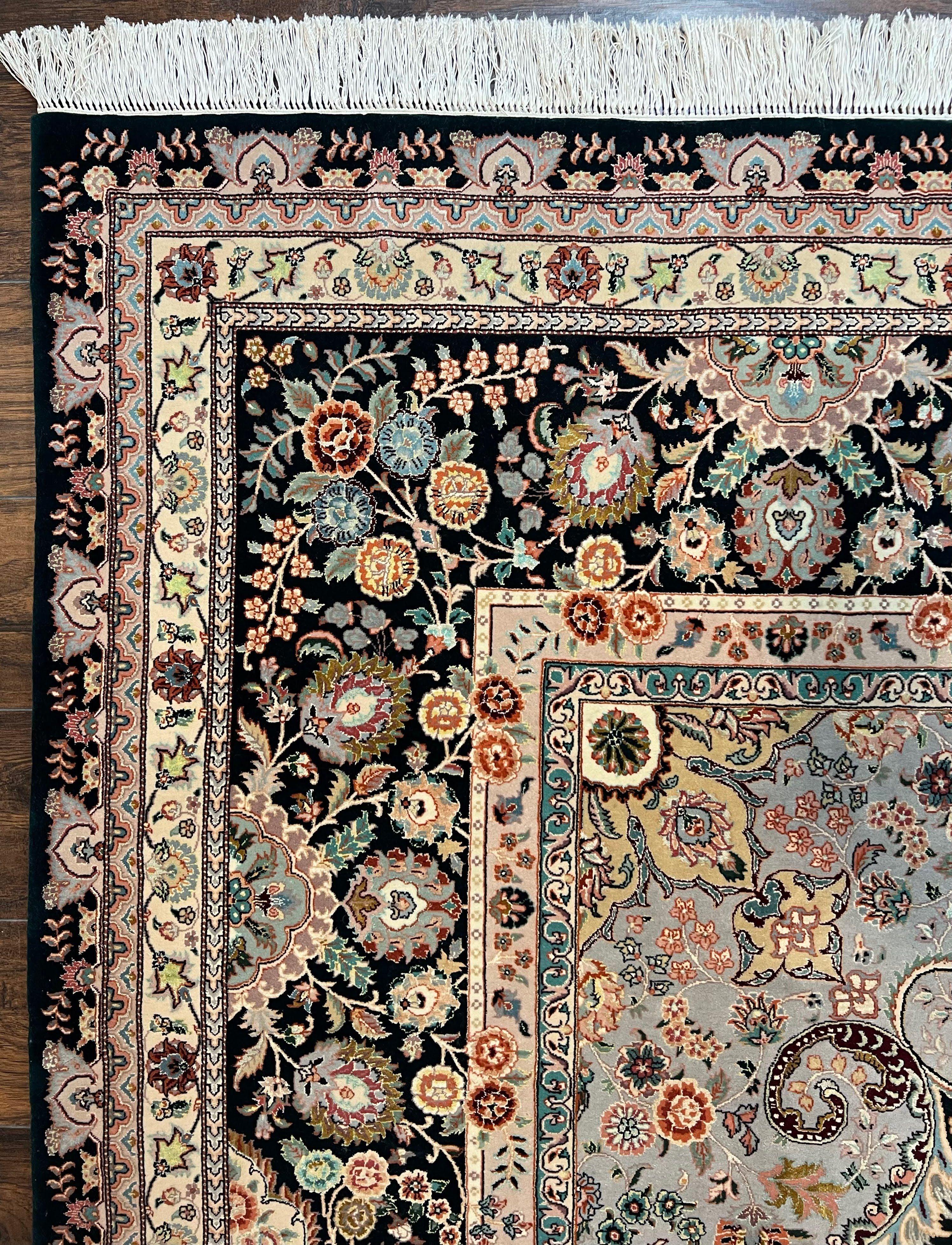 Wonderful Sino Persian Rug 10x14, Wool on Silk Foundation, Very Fine Floral Medallion Oriental Carpet, Dark Green Salmon Pink Light, Wow - Jewel Rugs