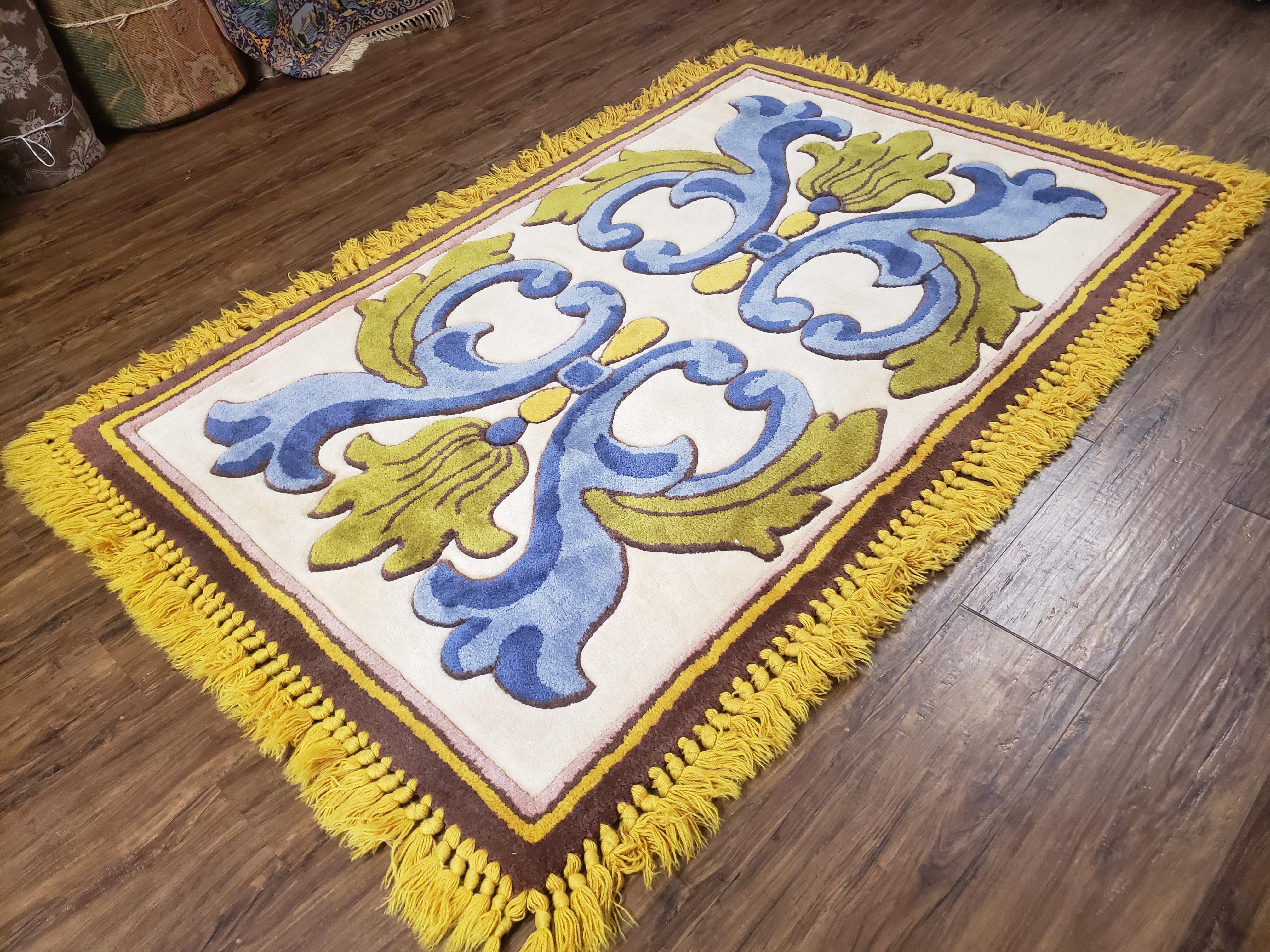 Vintage Edward Fields Area Rug 4x6, Wool Hand-Tufted Modern Abstract Rug, 4 x 6 Blue Ivory & Yellow Soft Kids Nursery Room Rug, Bedroom Rug - Jewel Rugs