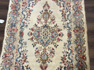 Persian Kirman Rug 4x7, Semi Antique 1950s Wool Oriental Carpet, Cream Light Blue Salmon Pink, Floral Medallion Semi Open Field Hand Knotted - Jewel Rugs