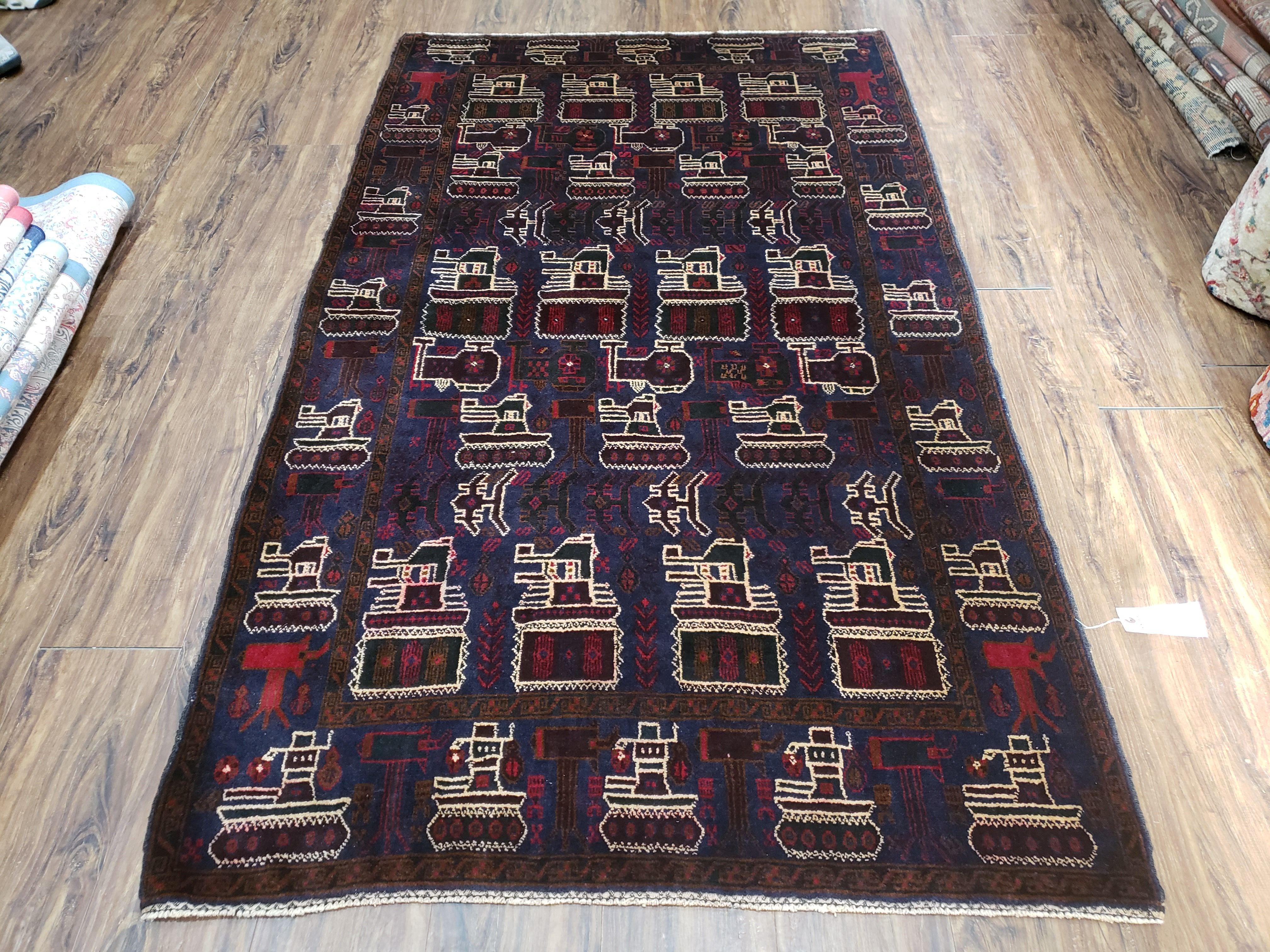 4x6 Handmade Balouch War Afghan Tribal Rug Organic Dyes Helicopter Tank Airplane - Jewel Rugs