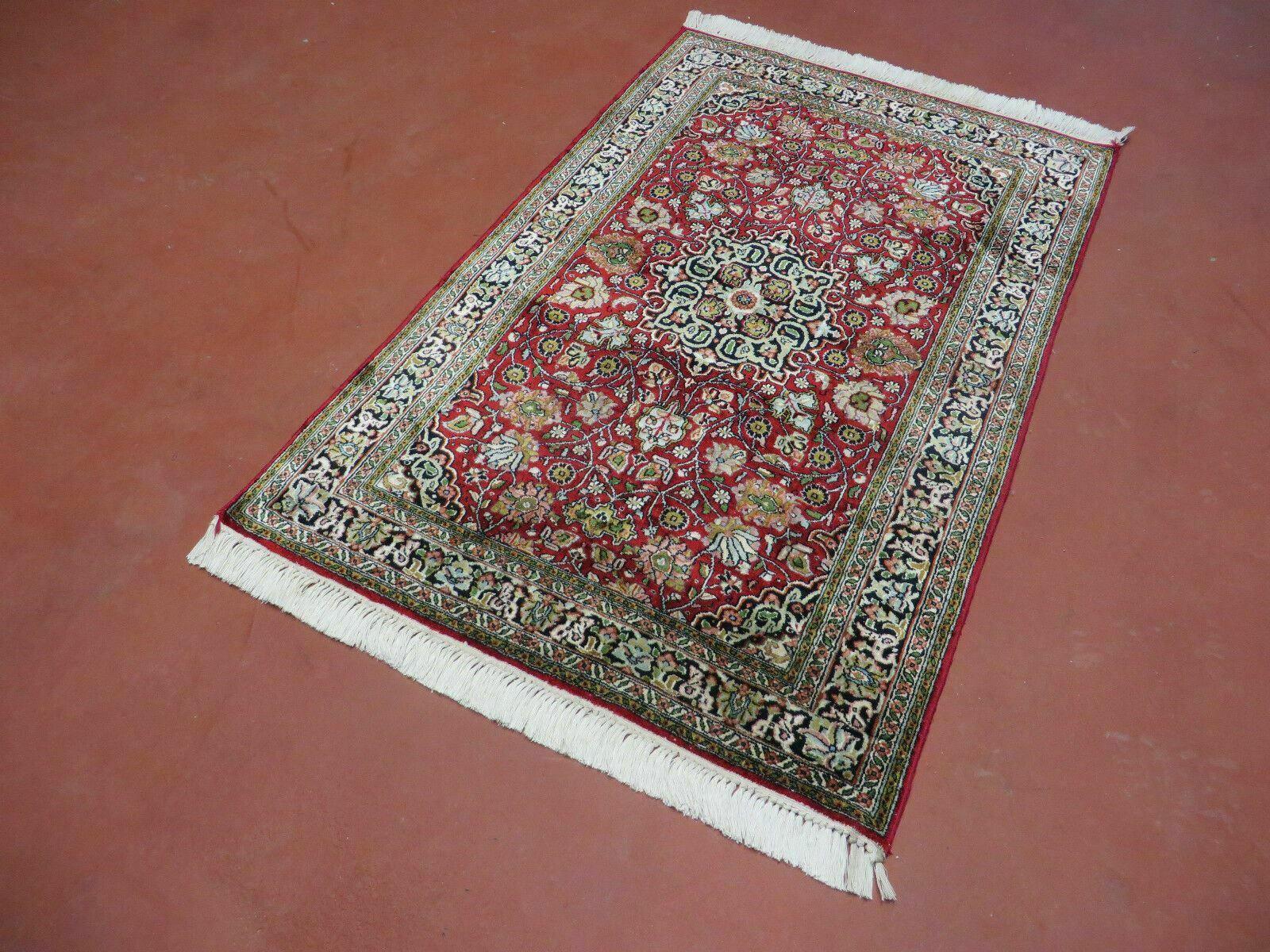 2.5' X 4' Vintage Handmade Fine Indo Kashmir Silk Red Rug Nice - Jewel Rugs