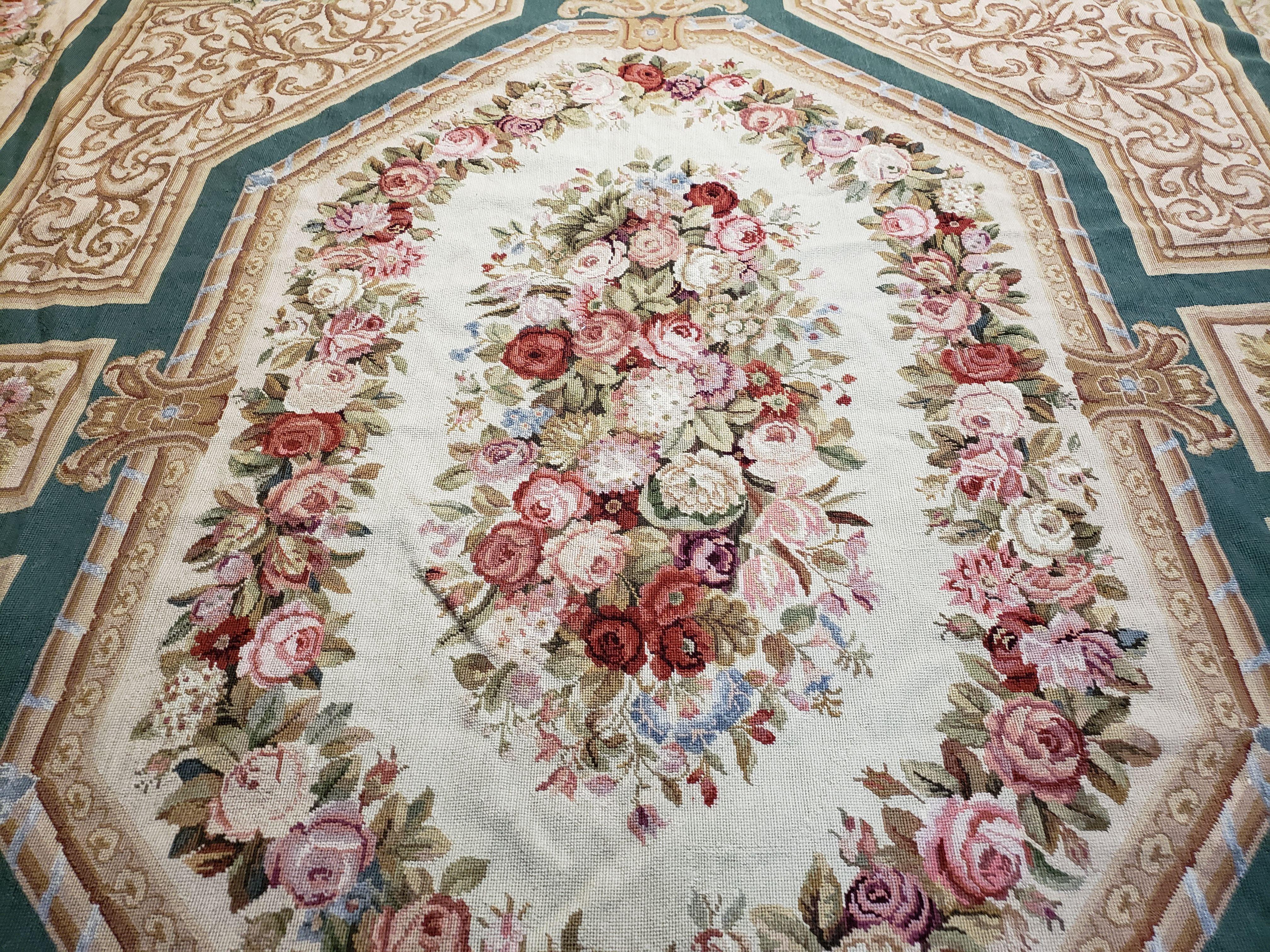 9x12 Needlepoint Rug Flatweave Carpet Aubusson Rug One-of-a-Kind Hand-Knotted Wool Rug Living Room Rug Vintage Floral Pattern Green & Beige - Jewel Rugs