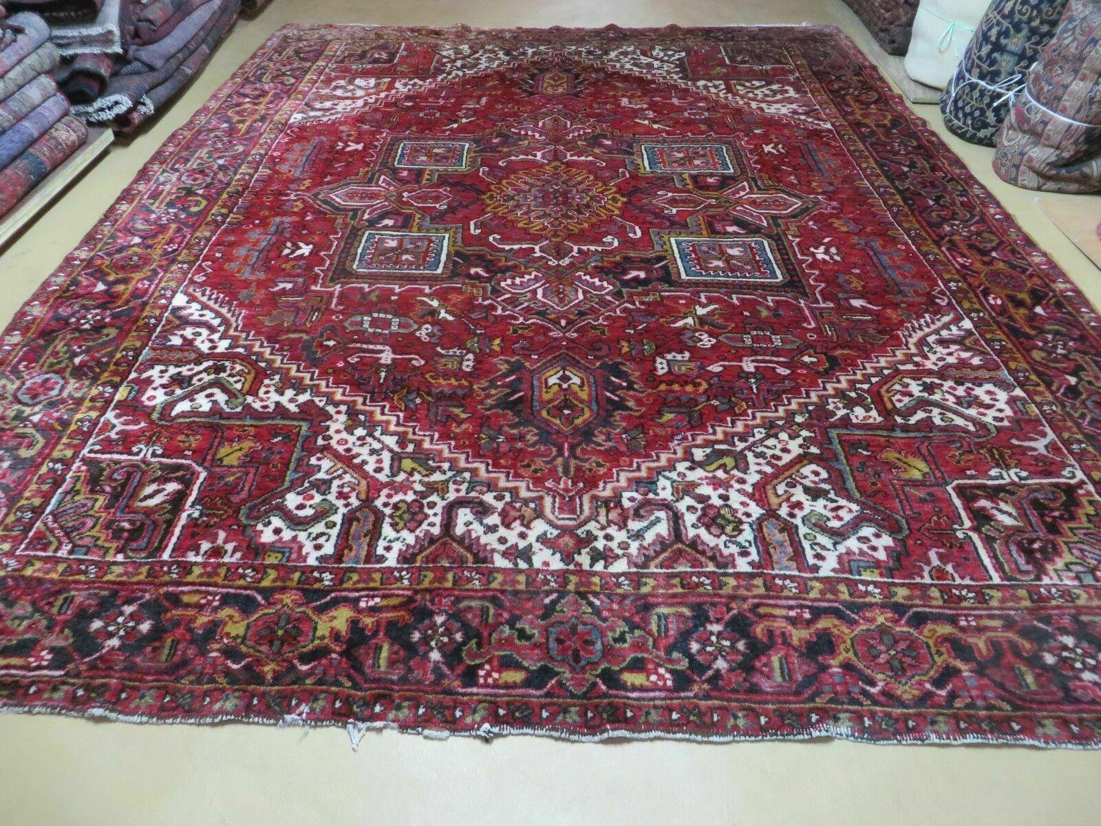 9' X 11' Antique Handmade Persian Geometric Design Heriz Serapi Oriental Wool Rug Nice Vegetable Dyes Top Quality Unique - Jewel Rugs