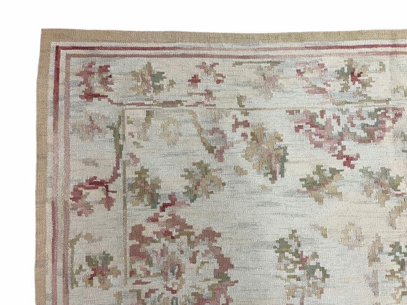 9x12 Flatweave Aubusson Needlepoint Rug, New, Beige, Tan, Green, Handmade, Hand-Knotted Area Rug, French European Carpet, Flowers - Jewel Rugs