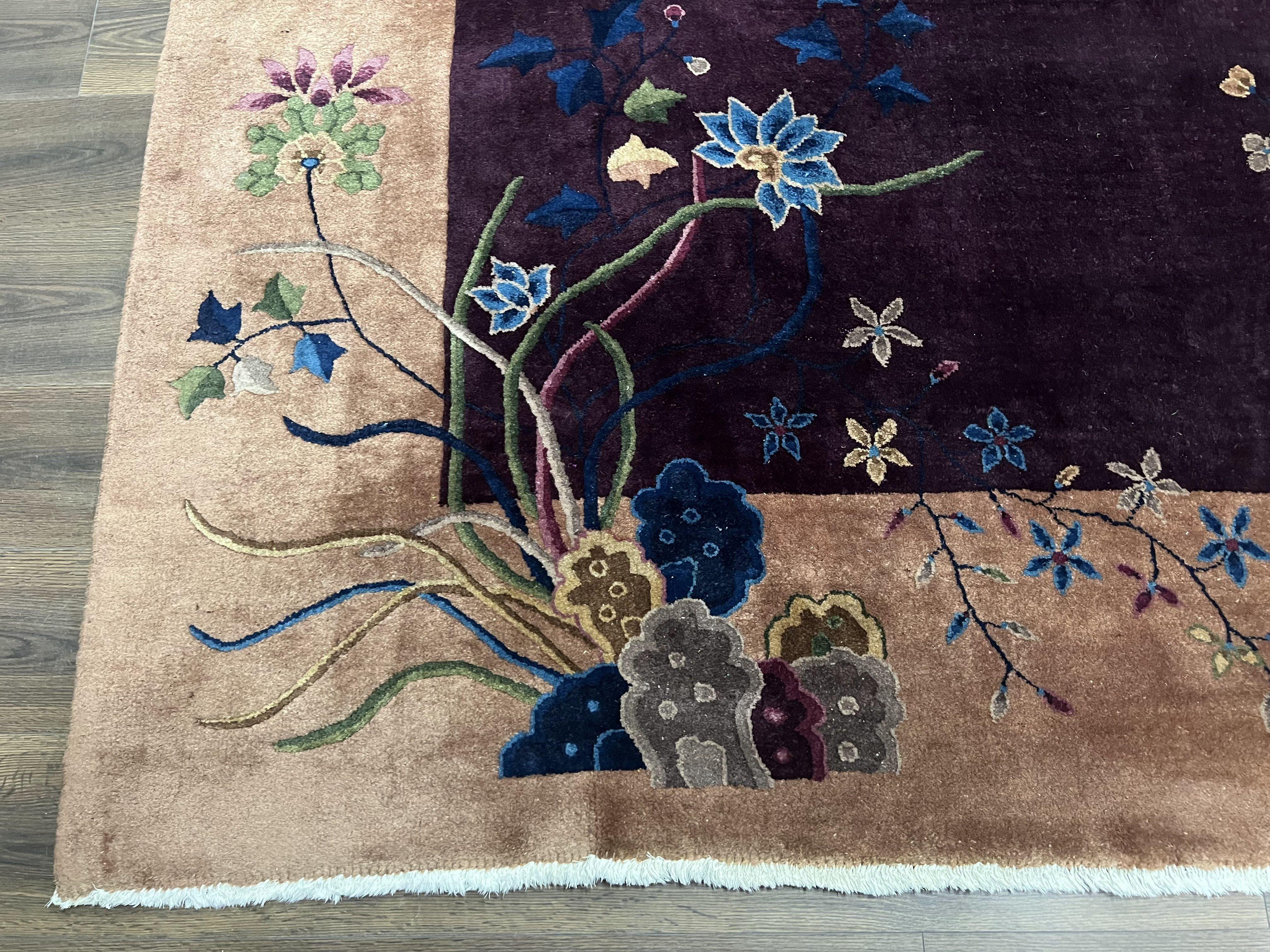 Antique Chinese Peking Rug 10x15, Purple and Tan Art Deco Carpet, Large Asian Oriental Wool Chinese Fete Hand Knotted Early 20th Century Rug - Jewel Rugs