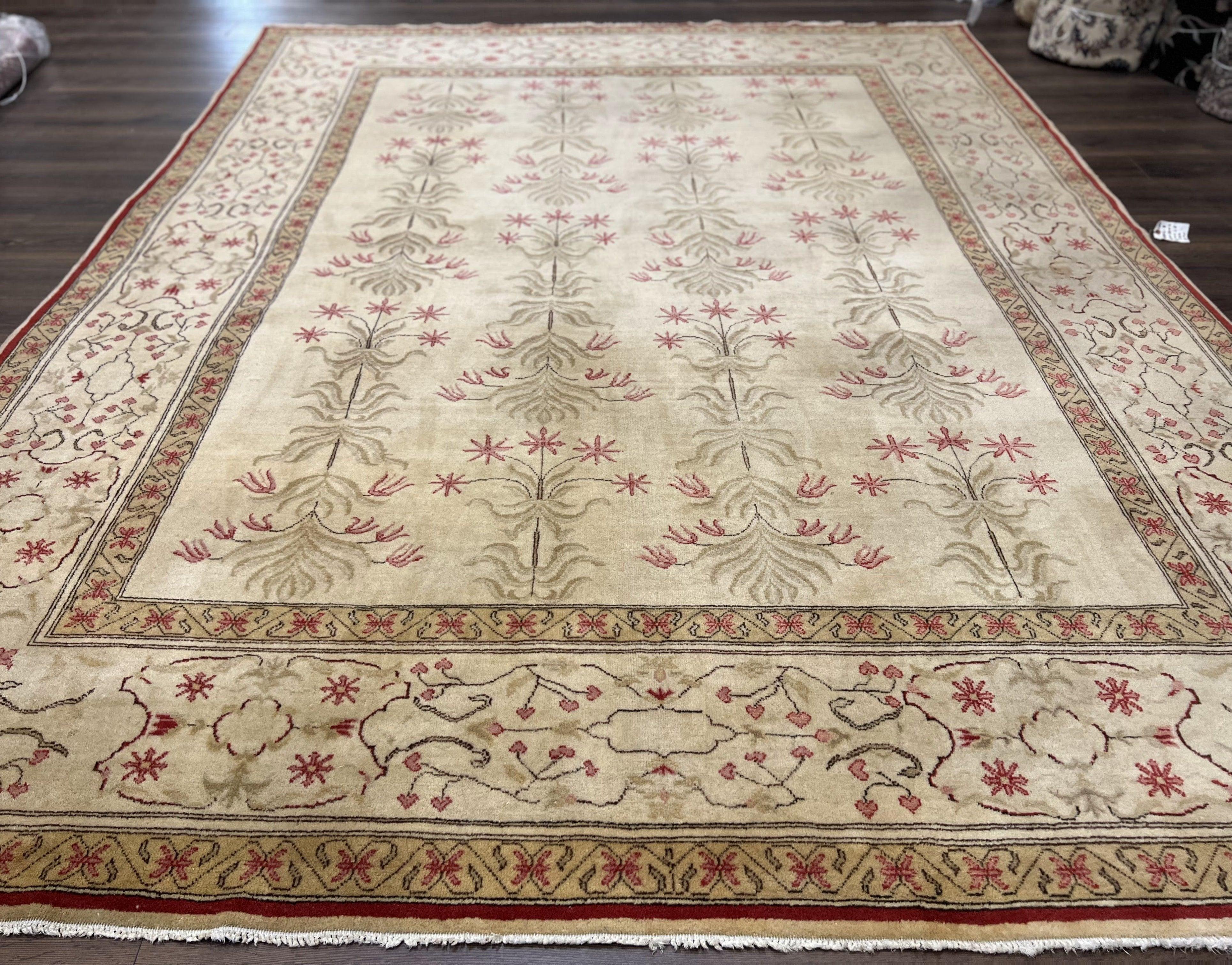 Vintage Turkish Rug 9x12, Indian Agra Design, 9 x 12 Wool Area Rug, Beige Tan, Hand-Knotted, Living Room Rug, Floral Oriental Carpet, Nice - Jewel Rugs