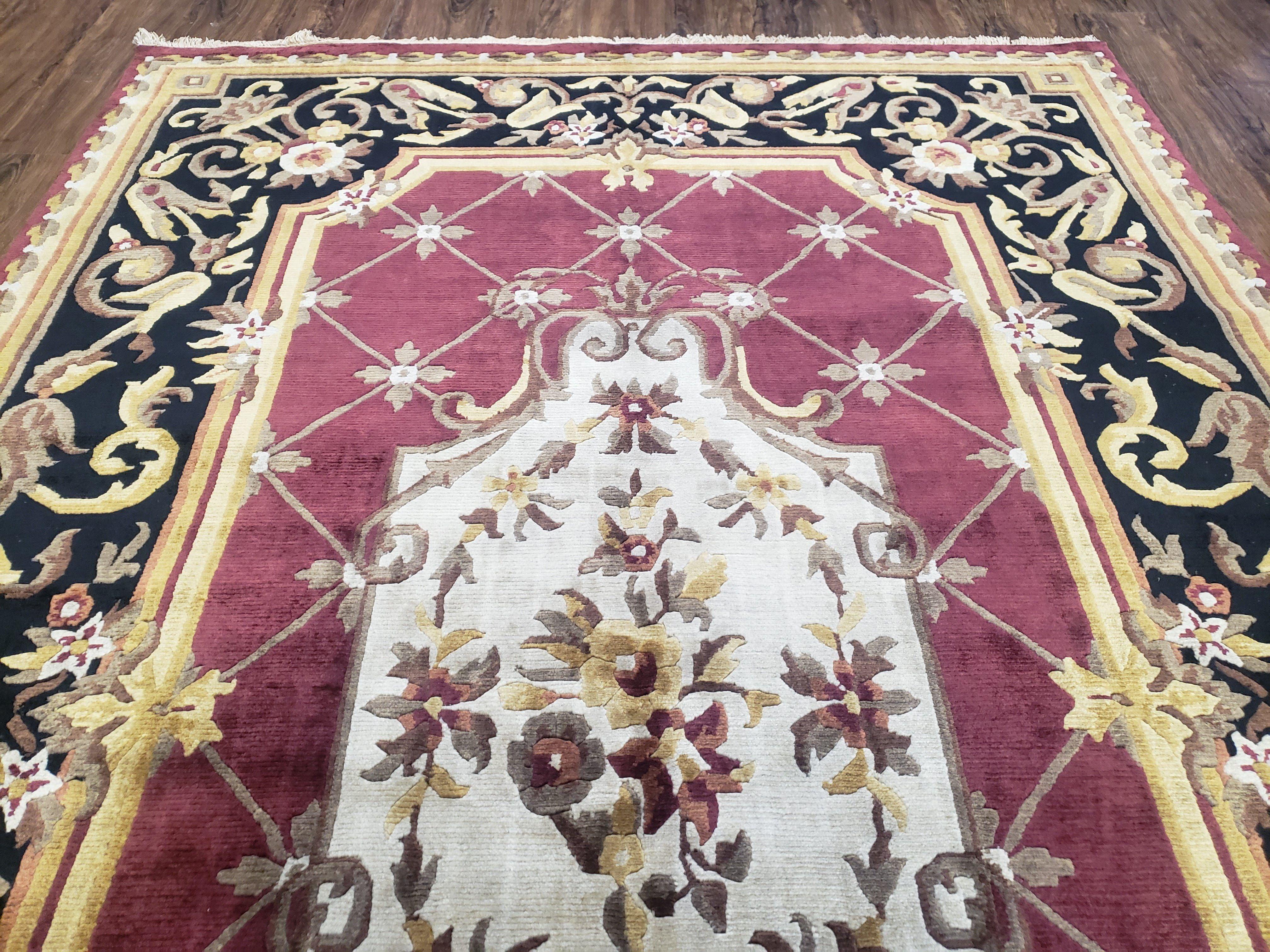 Vintage Nepalese Aubusson Area Rug 6x9, Pure Wool Hand-Knotted Black & Hibiscus Red Tibetan Carpet, Soft Plush Pile, 6 x 9 Savonnerie Rug - Jewel Rugs