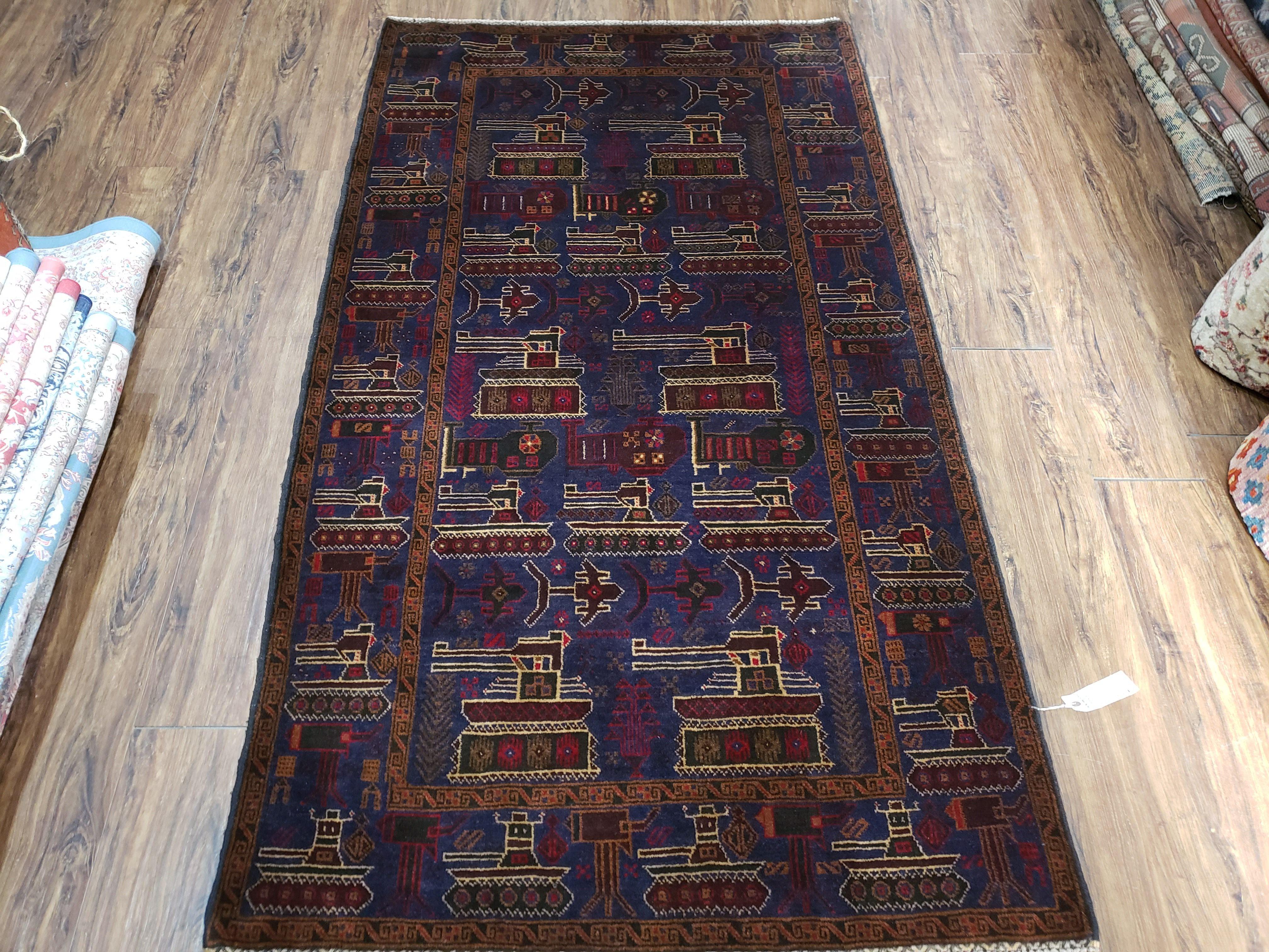 4x6 Handmade Balouch War Afghan Tribal Rug Organic Dyes Helicopter Tank Airplane - Jewel Rugs