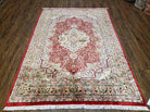 Vintage Kashmiri Silk Rug 5x7, Red & Ivory Hand-Knotted Silk Carpet, Silk Oriental Rug 5 x 7, Traditional Indian Kashmiri Fine Area Rug - Jewel Rugs