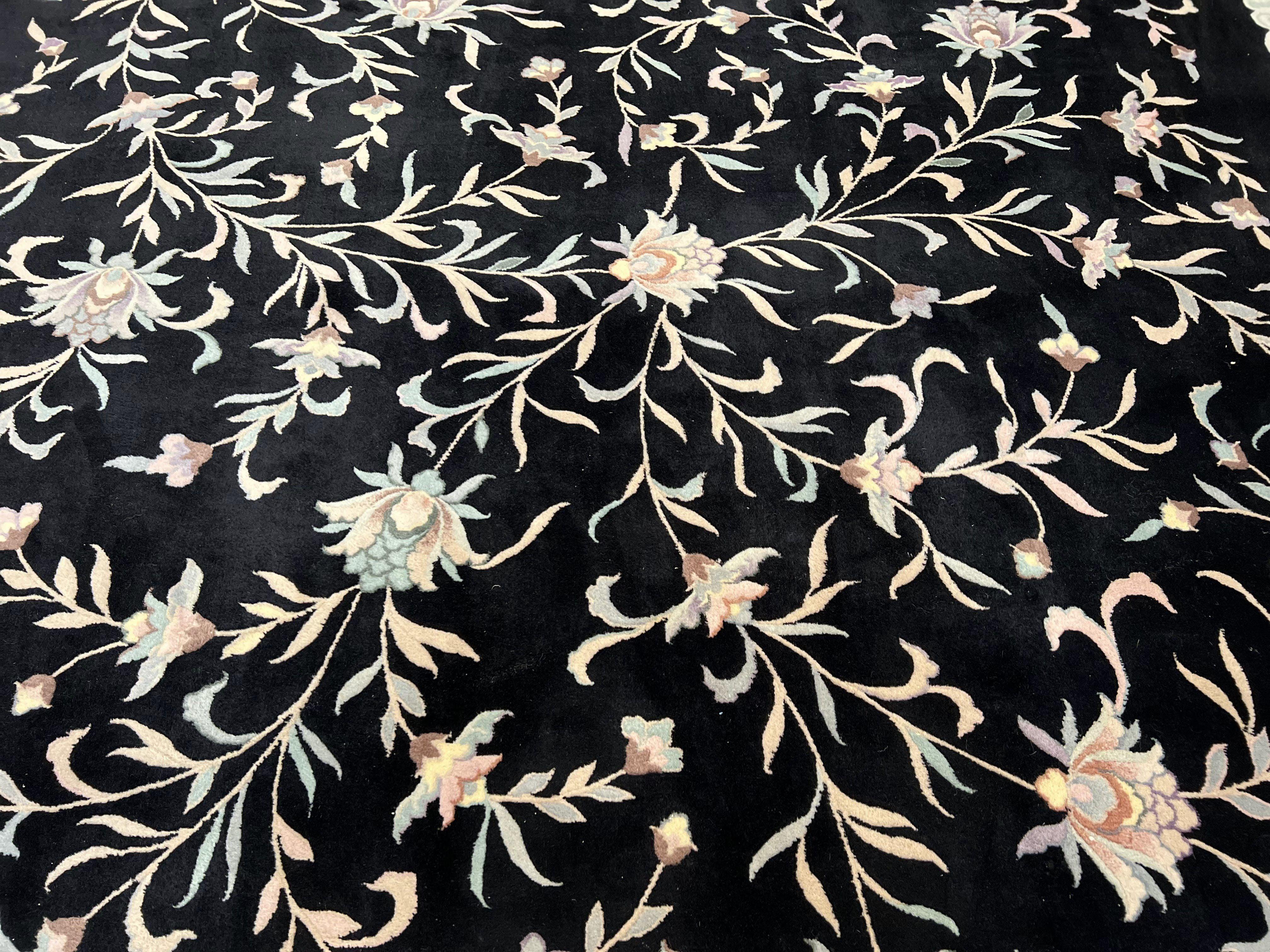 Chinese Wool Rug 9x11, Black Chinese 90 Line Carpet, Allover Floral Chinese Rug, Soft Plush Rug, Black Gray Teal Rug, Vintage Chinese Rug - Jewel Rugs