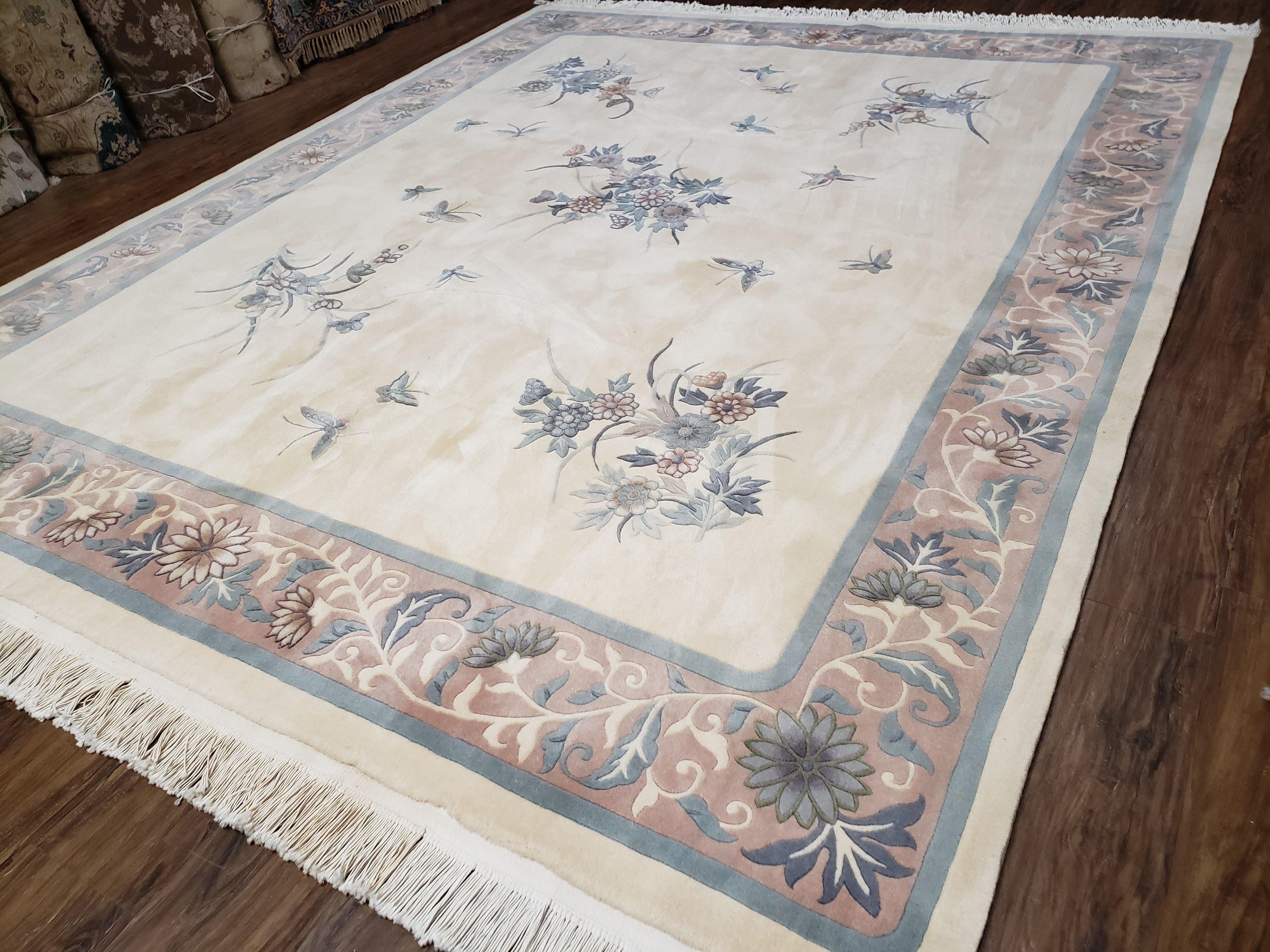 Chinese Art Deco Rug, 8x10 Rug, Ivory Teal and Silver Pink Rug, Soft Chinese Carpet, East Asian Rug, Nourison Rug, Wool Area Rug, Handmade - Jewel Rugs