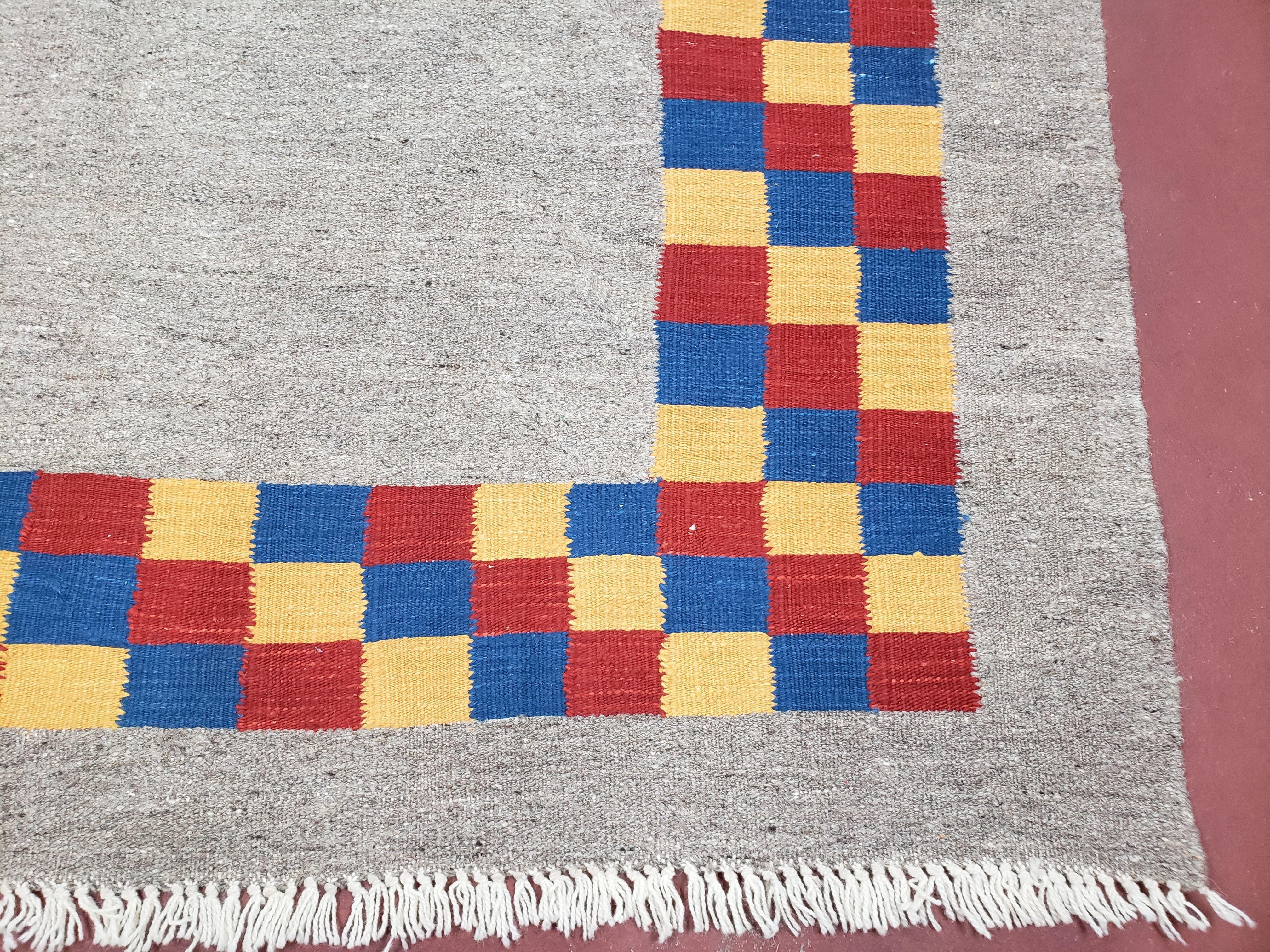 New Turkish Kilim Area Rug, Gray Carpet With Colorful Checker Border, 5'6" x 8", Flatweave Carpet, Playroom Rug, Kids Room Rug, Hand-Knotted - Jewel Rugs