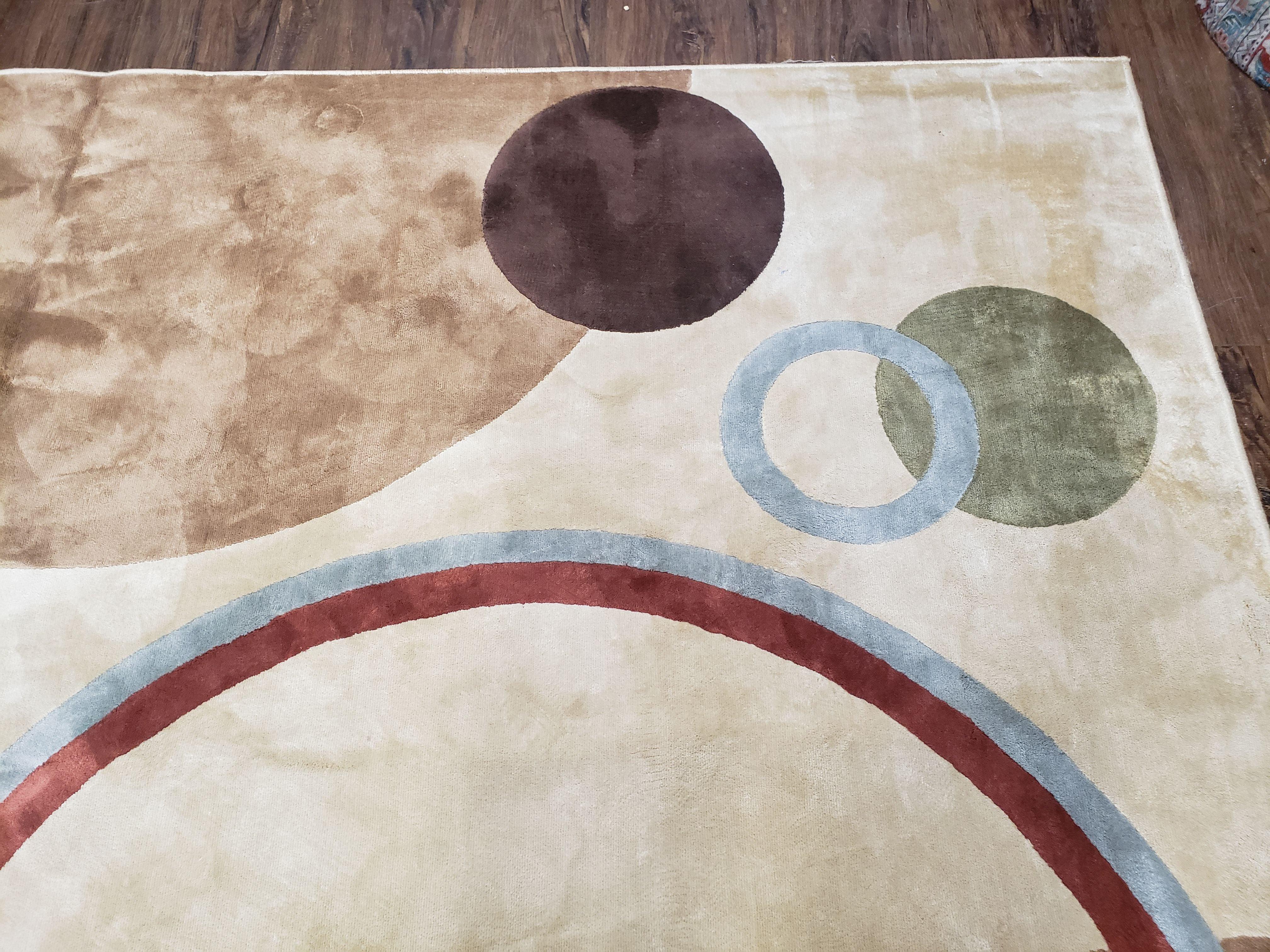 8x11 Modern Rug, 8 x 11 Abstract Area Rug, Circles, Cream, Tan, Art Silk, Soft Carpet - Jewel Rugs