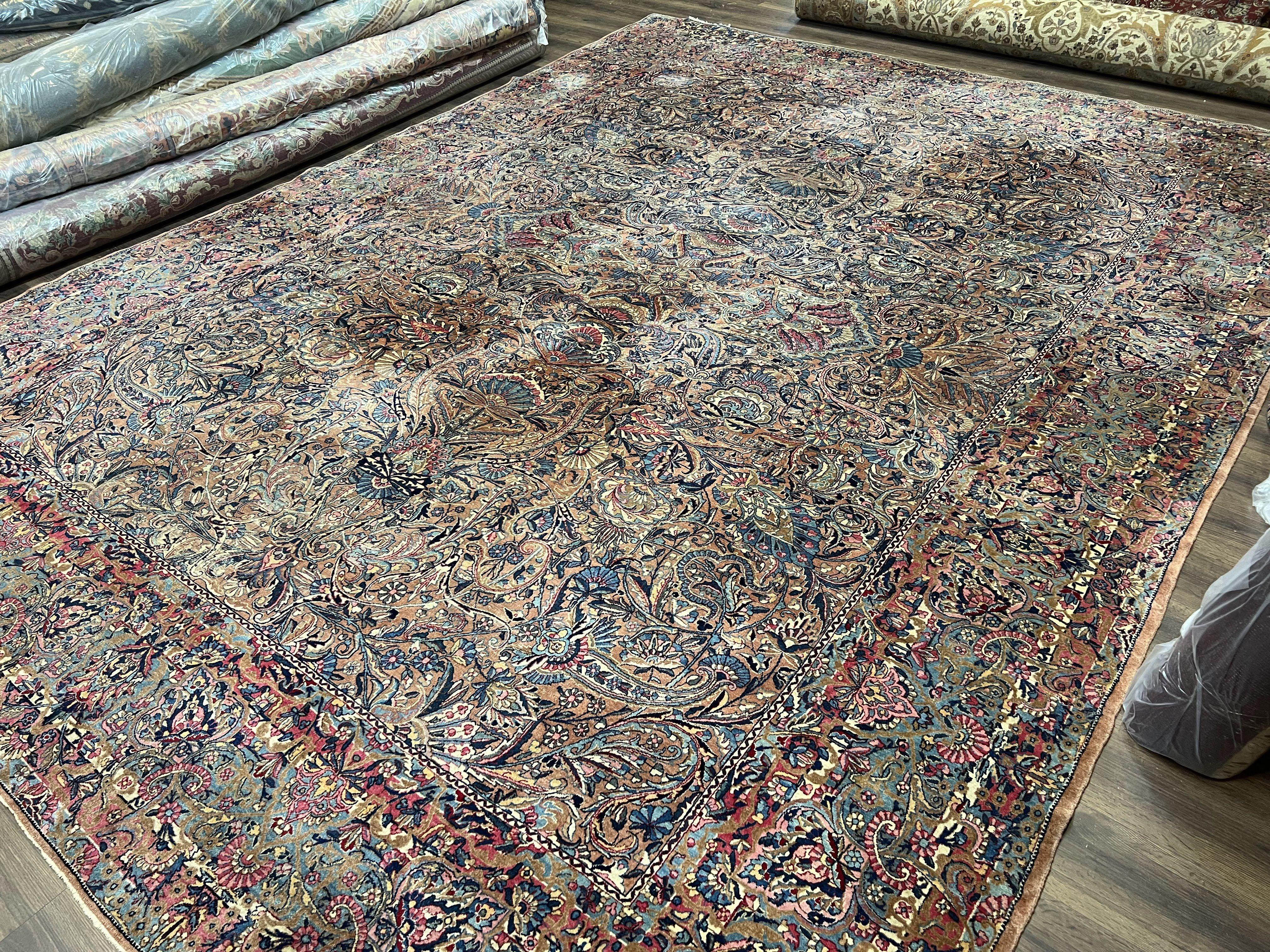 Stunning Persian Kirman Rug 11x15, Hand Knotted Wool Carpet, Large Antique Oriental Red Blue Area Rug 11 x 15 Allover Floral Palace Size Rug - Jewel Rugs