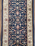 Dark Blue Vintage Runner Rug 2.2 x 7.7, Wool & Silk Feel, Italian Rug, Floral Persian Design, Soft Pile, Dark Blue Beige/Cream, Part of Set - Jewel Rugs