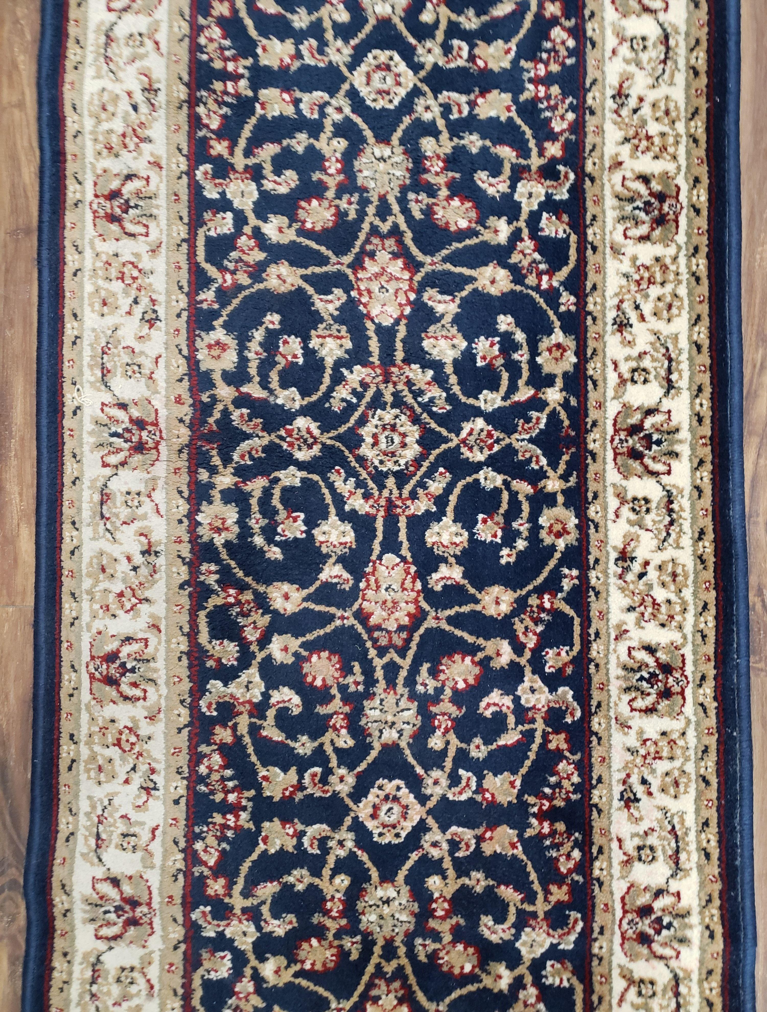 Dark Blue Vintage Runner Rug 2.2 x 7.7, Wool & Silk Feel, Italian Rug, Floral Persian Design, Soft Pile, Dark Blue Beige/Cream, Part of Set - Jewel Rugs