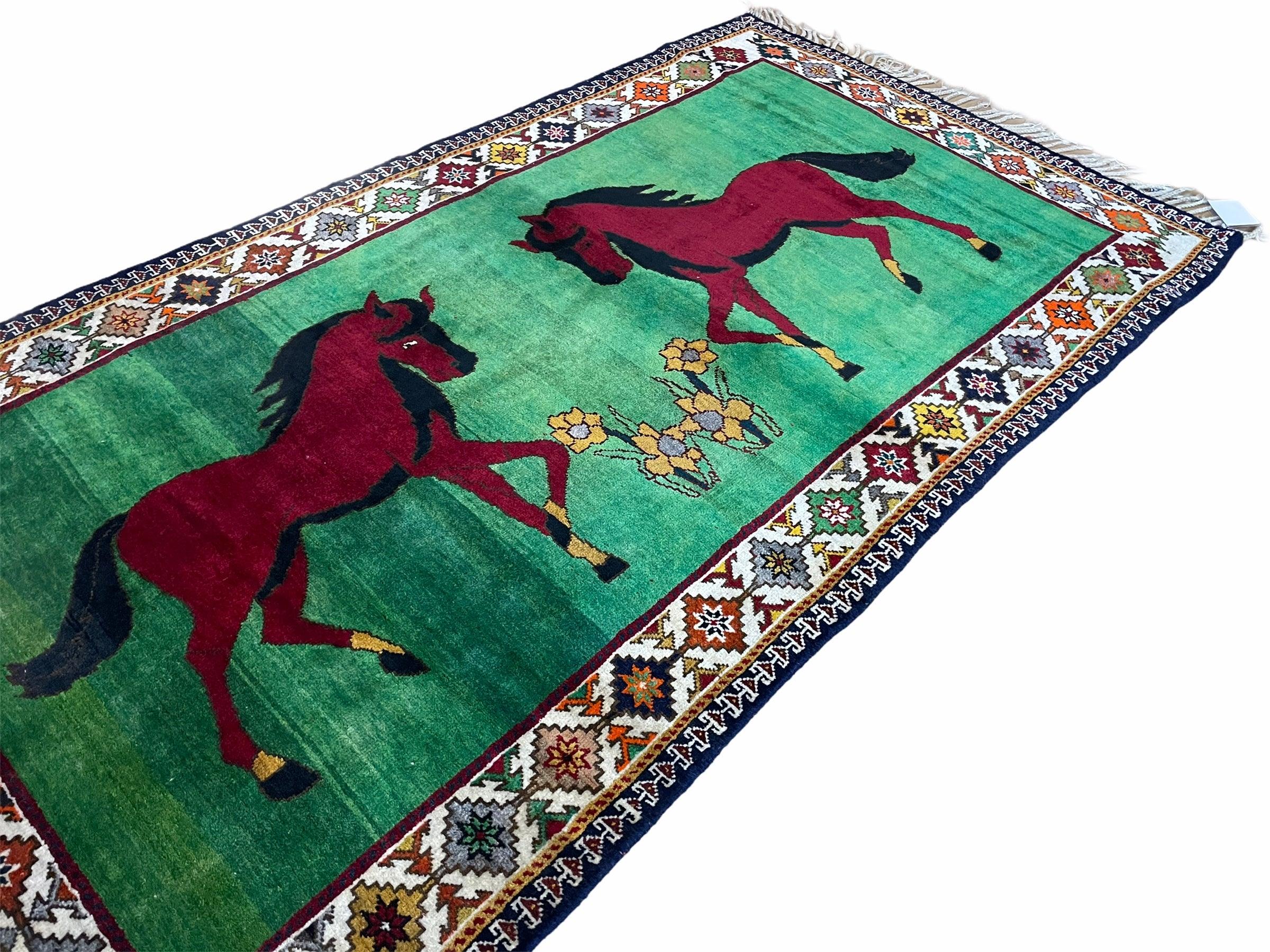 4 X 7 Handmade Rug Zagros Quality Wool Pictorial Horses Green Butterfly Colorful - Jewel Rugs