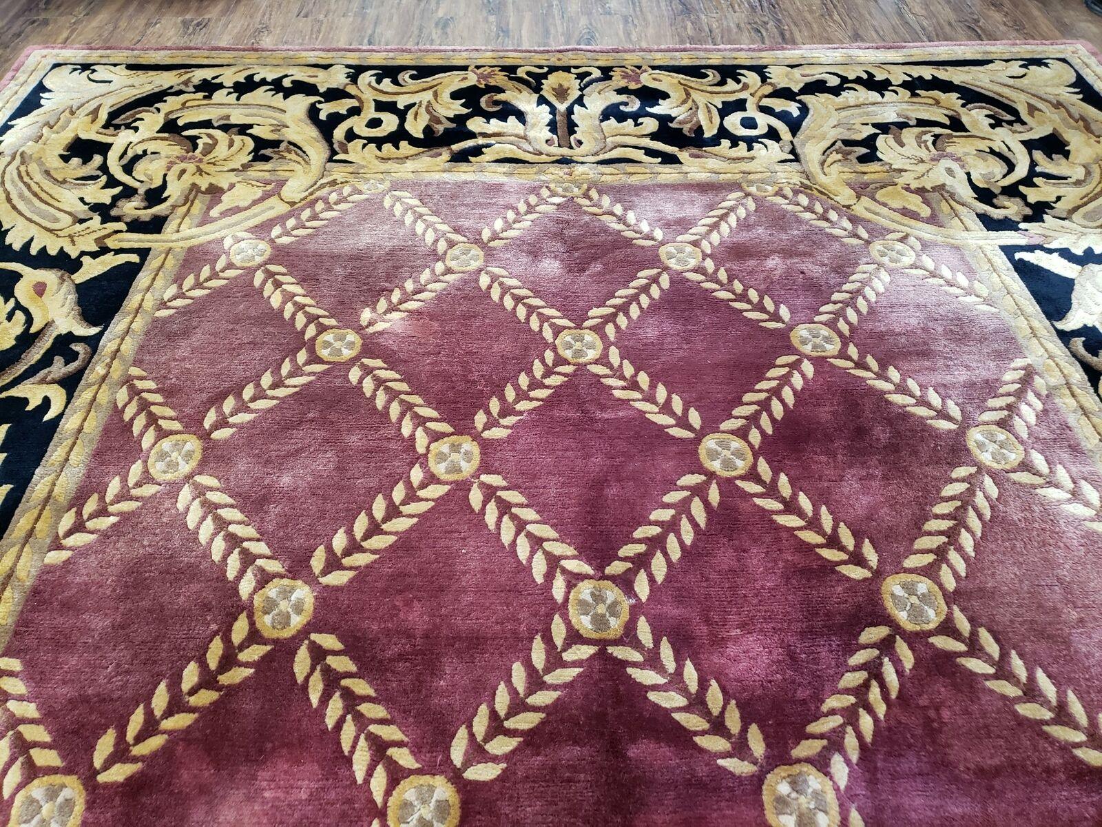 9' X 12' Handmade Tibetan Nepal Silk Wool Rug Aubusson Savonnerie Magenta Black - Jewel Rugs