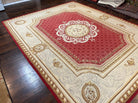 Aubusson Rug 9x12 ft, Red and Ivory Elegant Aubusson Carpet, Flatweave, Vintage Wool Handmade Area Rug 9 x 12, French European Design - Jewel Rugs