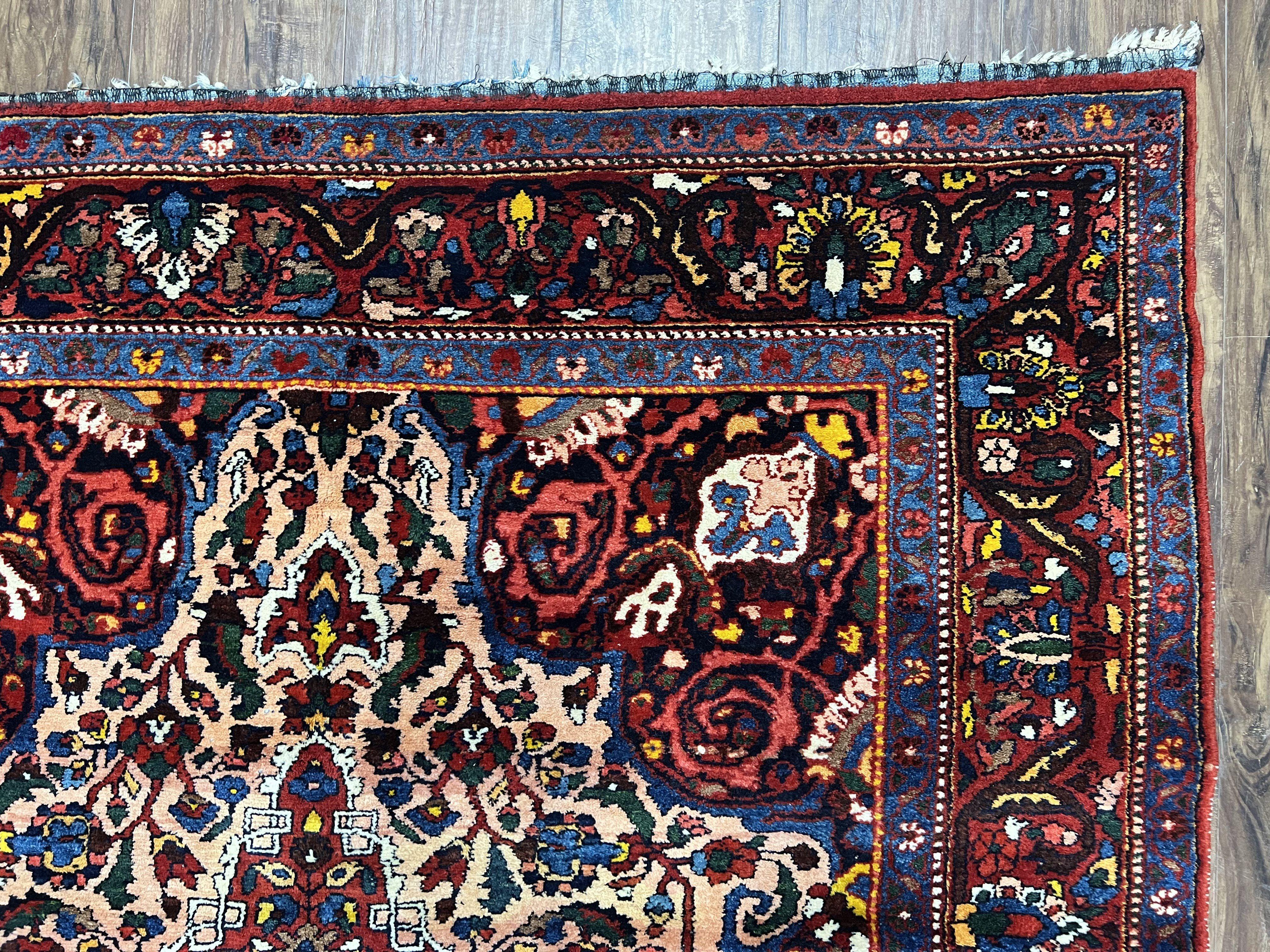 Antique Persian Bakhtiari Rug 5x6 ft, Village Rug, Vegetable Dyed, Red Midnight Blue Gold Tan, Hand Knotted Wool Carpet, Floral Medallion - Jewel Rugs