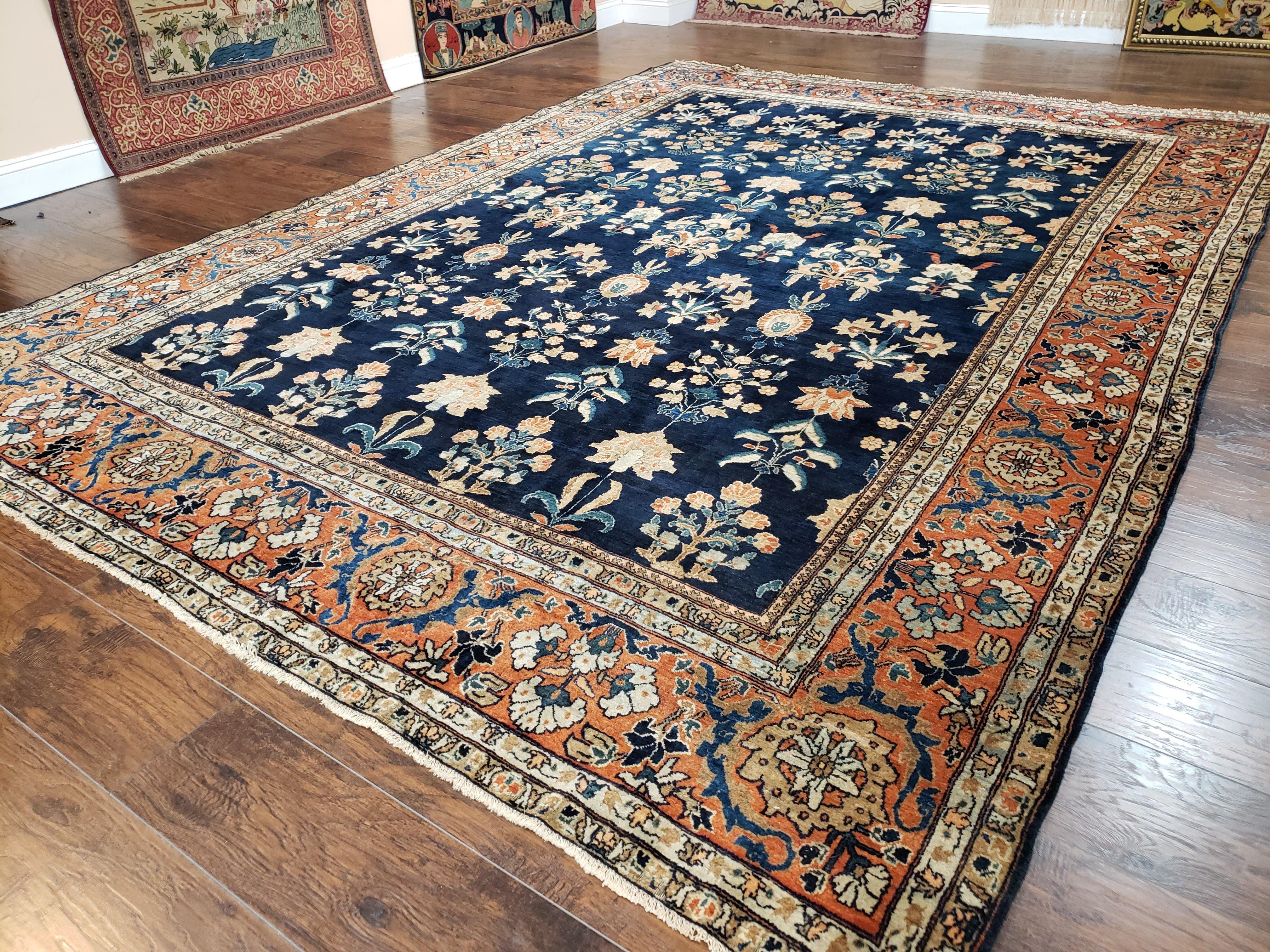 1920s Antique Persian Sarouk Mahajaran Rug, Hand Knotted, Wool, Dark Blue and Red, 8'7" x 11'10' - Jewel Rugs