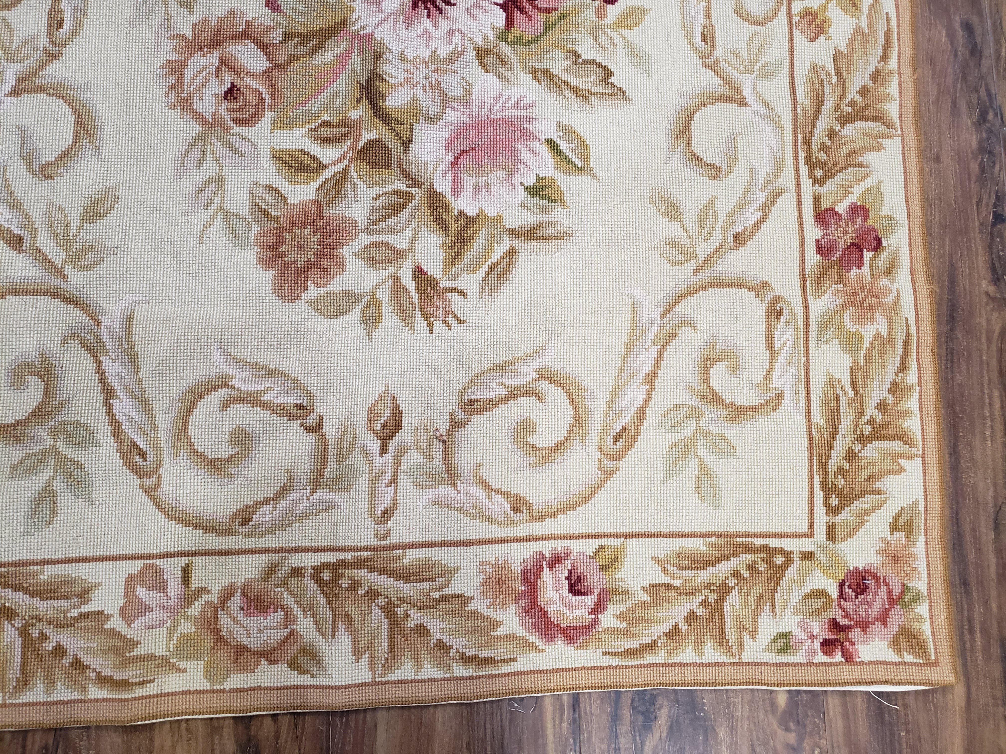 Vintage Chinese Needlepoint Rug 3x4 Hand Woven French Aubusson Floral Design, Flatweave Rug, Beige Area Rug, European Handmade Carpet 3 x 4 - Jewel Rugs