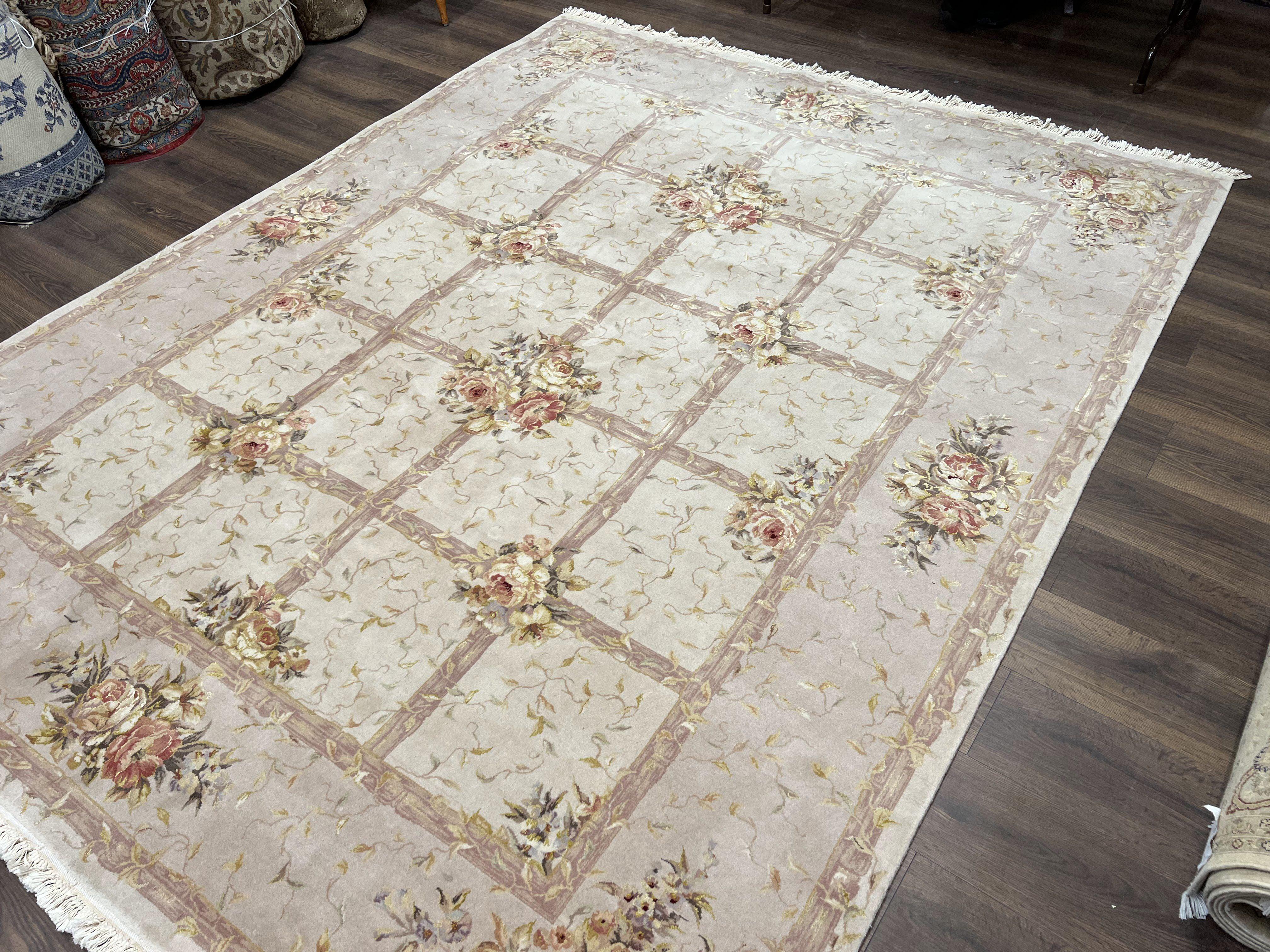 Aubusson Rug 8x10 ft, Wool with Silk Highlights, Piled Aubusson Carpet, Cream-Beige, Hand Knotted Vintage Very Fine Rug, French European Rug - Jewel Rugs