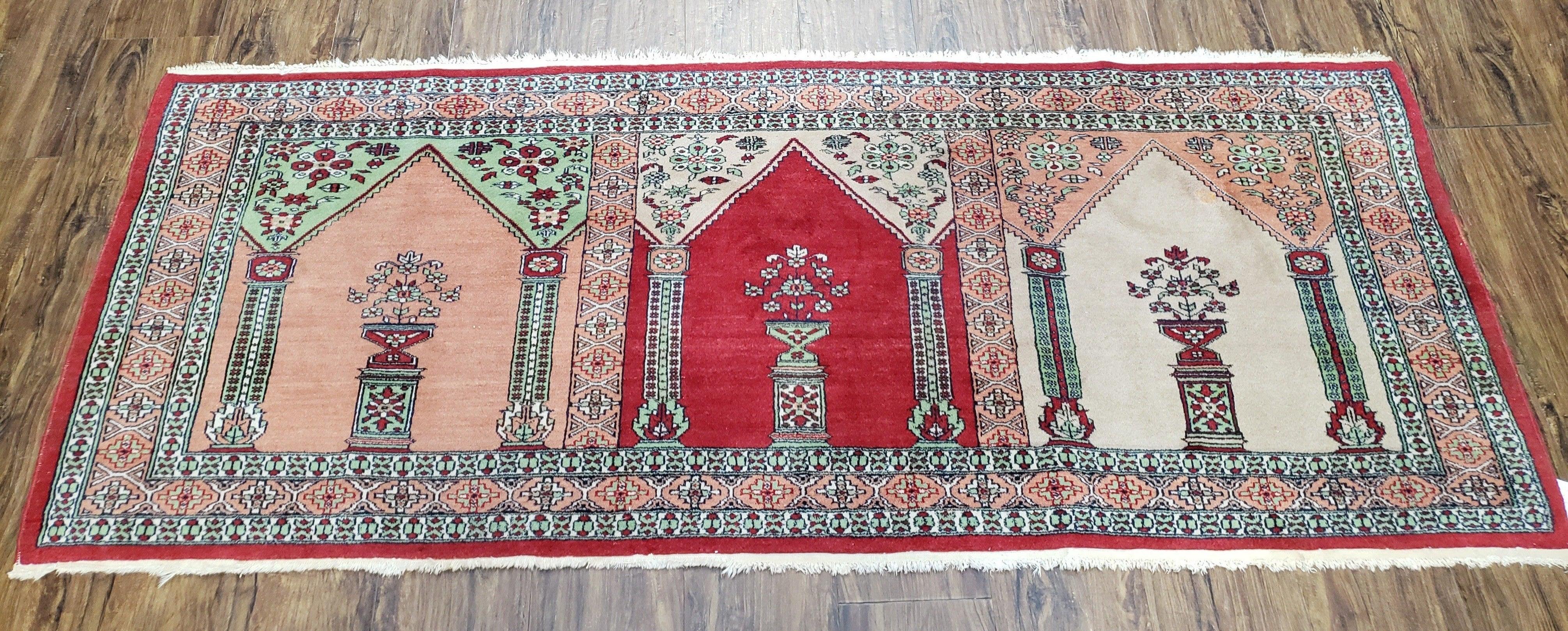 Vintage Turkish Triple Mehrab Area Rug 2.7 x 6.6, Wool Hand-Knotted Horizontal Carpet, Fine Weave, Red Peach Ivory, Nice - Jewel Rugs