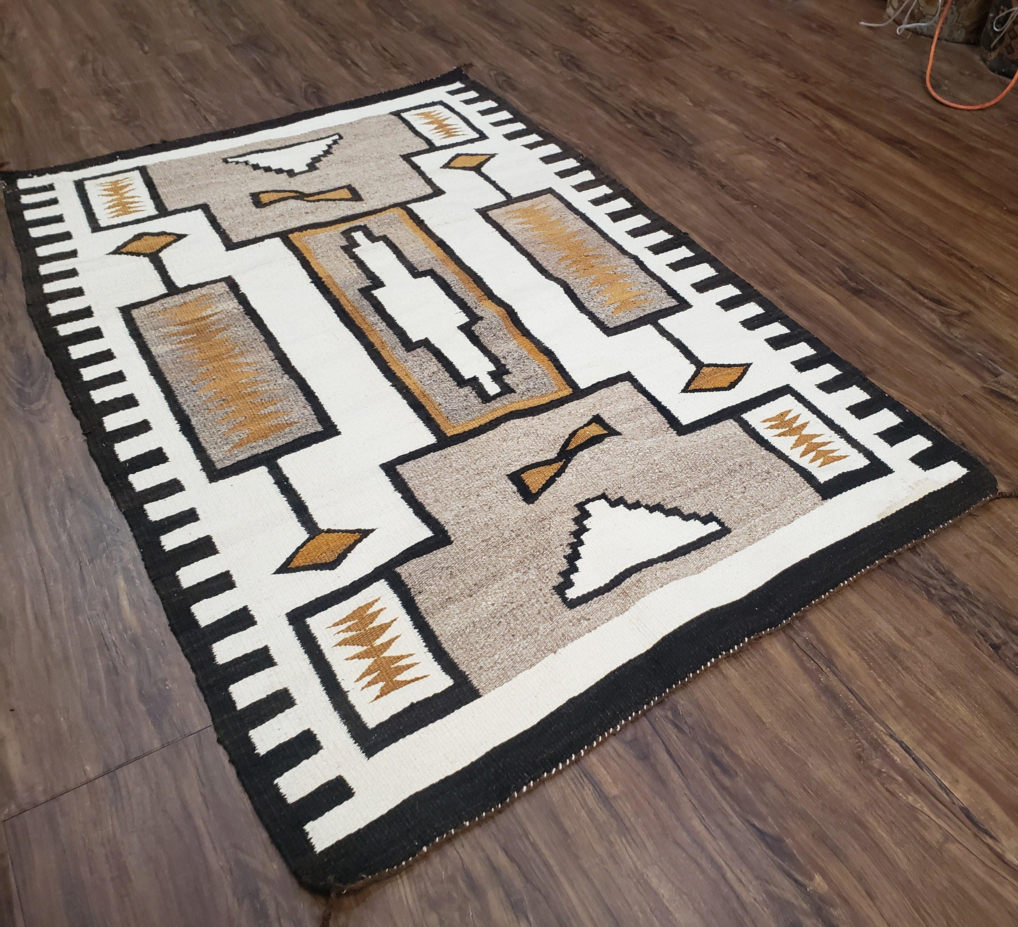 Antique Navajo Rug 3x5, Collectible Native American Blanket, Wool Hand Woven, Ivory Black Indian Tribal Rug, Vintage Navajo Textile - Jewel Rugs