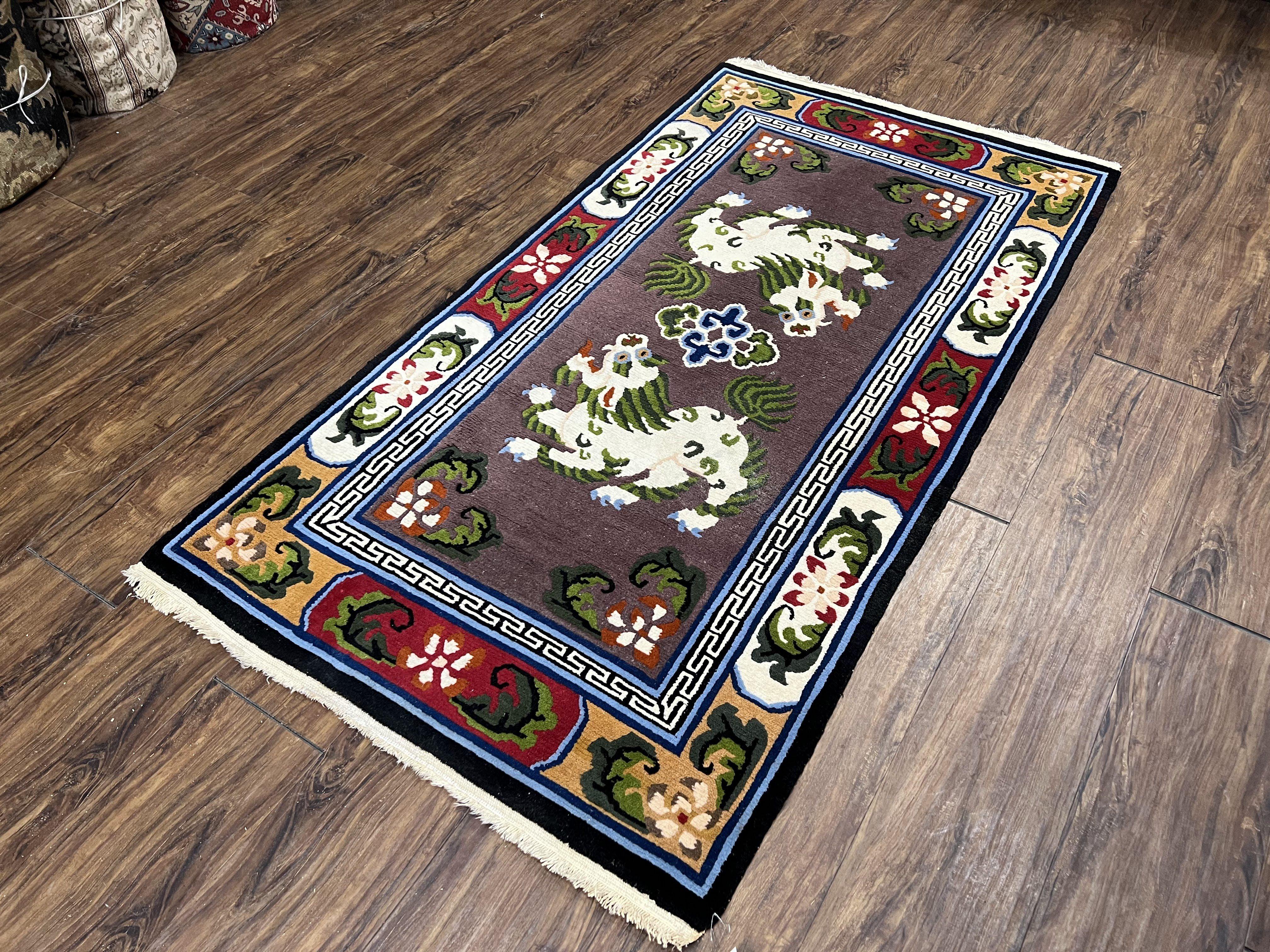 Chinese Art Deco Rug 3 x 5.5 with Animal Pictorials, Vintage Chinese Peking Wool Area Rug, Dark Puce Maroon Ivory, Hand Knotted Soft Carpet - Jewel Rugs