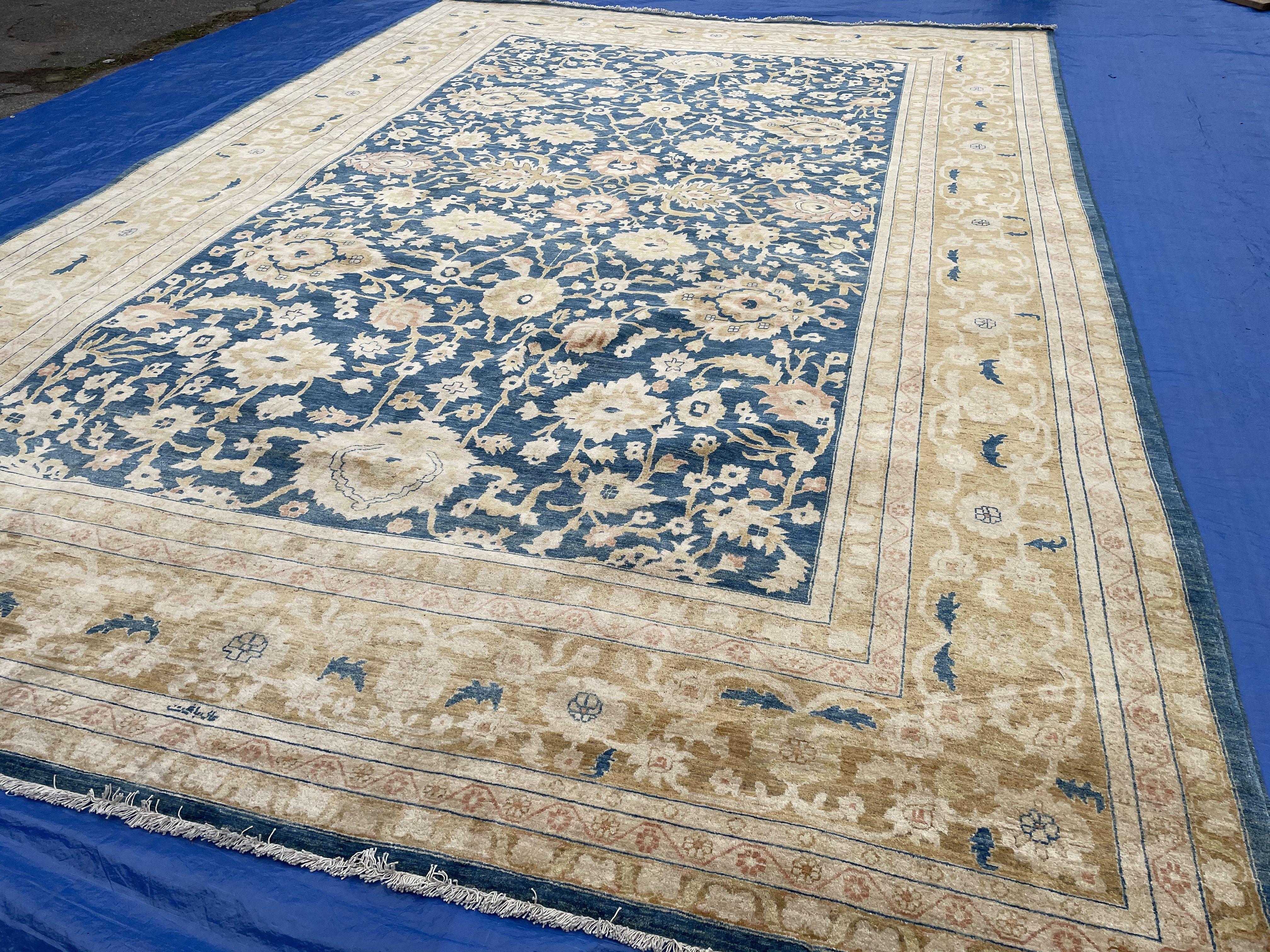 12 x 18 Hand-Knotted Vintage Palace Sized Pak Peshawar Dark Blue Oversized Rug - Jewel Rugs