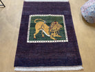 3 X 5 Handmade Rug Zagros Mountain Wool Tribal Rug Lion Purple Green Pictorial - Jewel Rugs