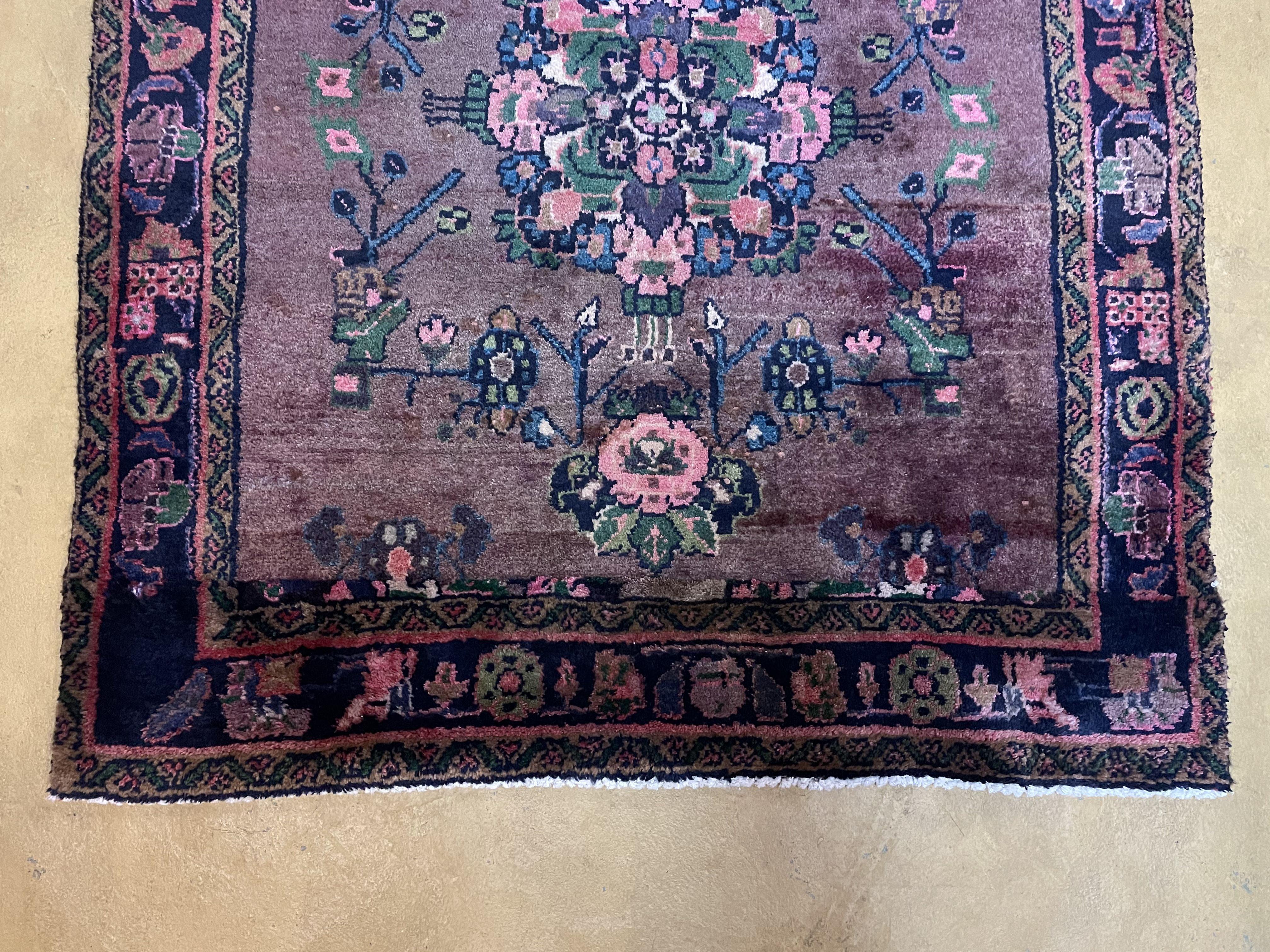 3' 4" X 9' Antique Handmade Wool Rug Pink Purple Runner Floral Organic Dyes - Jewel Rugs