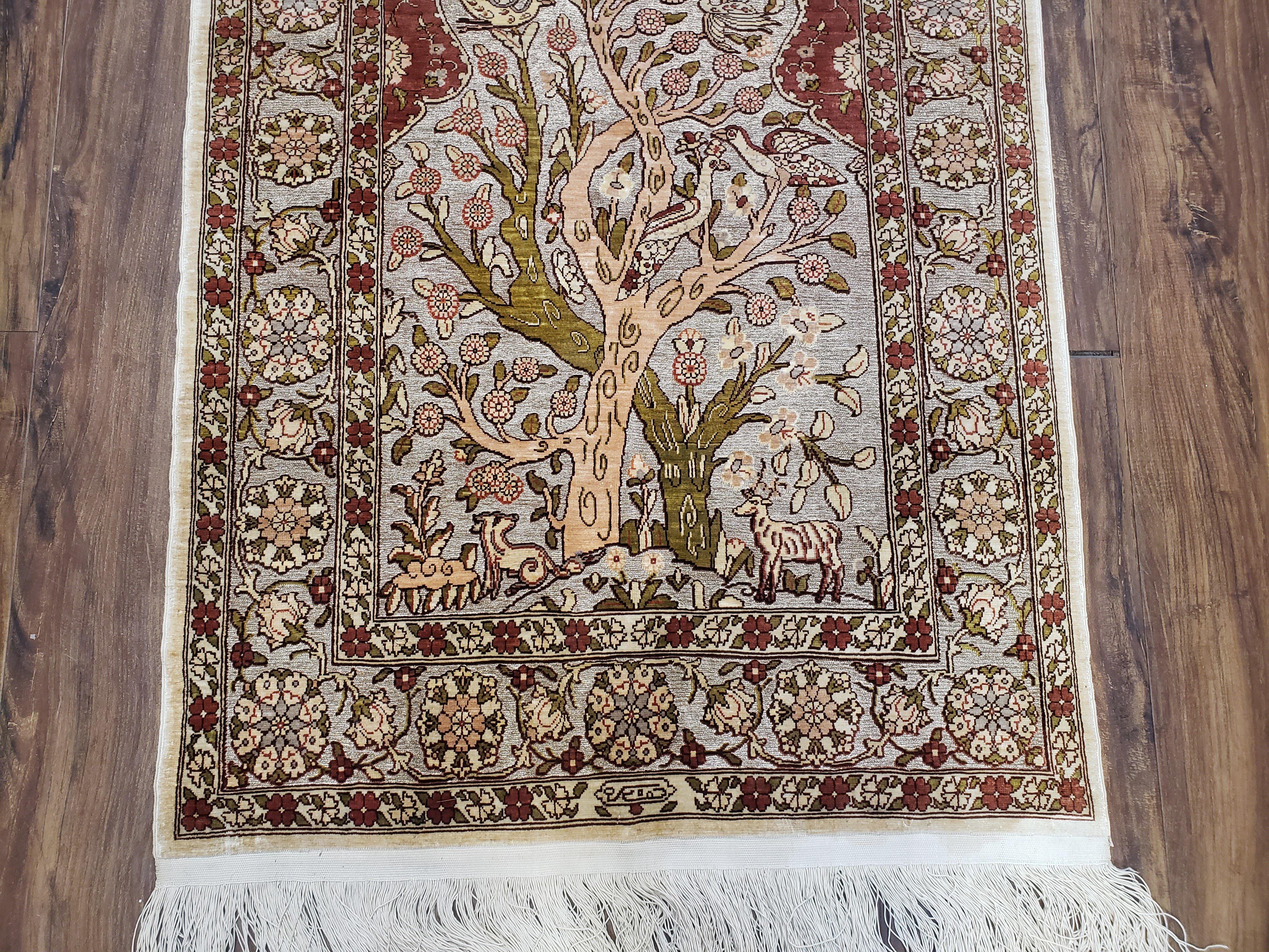 Top Quality Turkish Hereke Silk Rug with Gold Threads, 2x3 Silk and Gold Oriental Carpet Tree of Life with Animals Very Fine Antique Vintage - Jewel Rugs