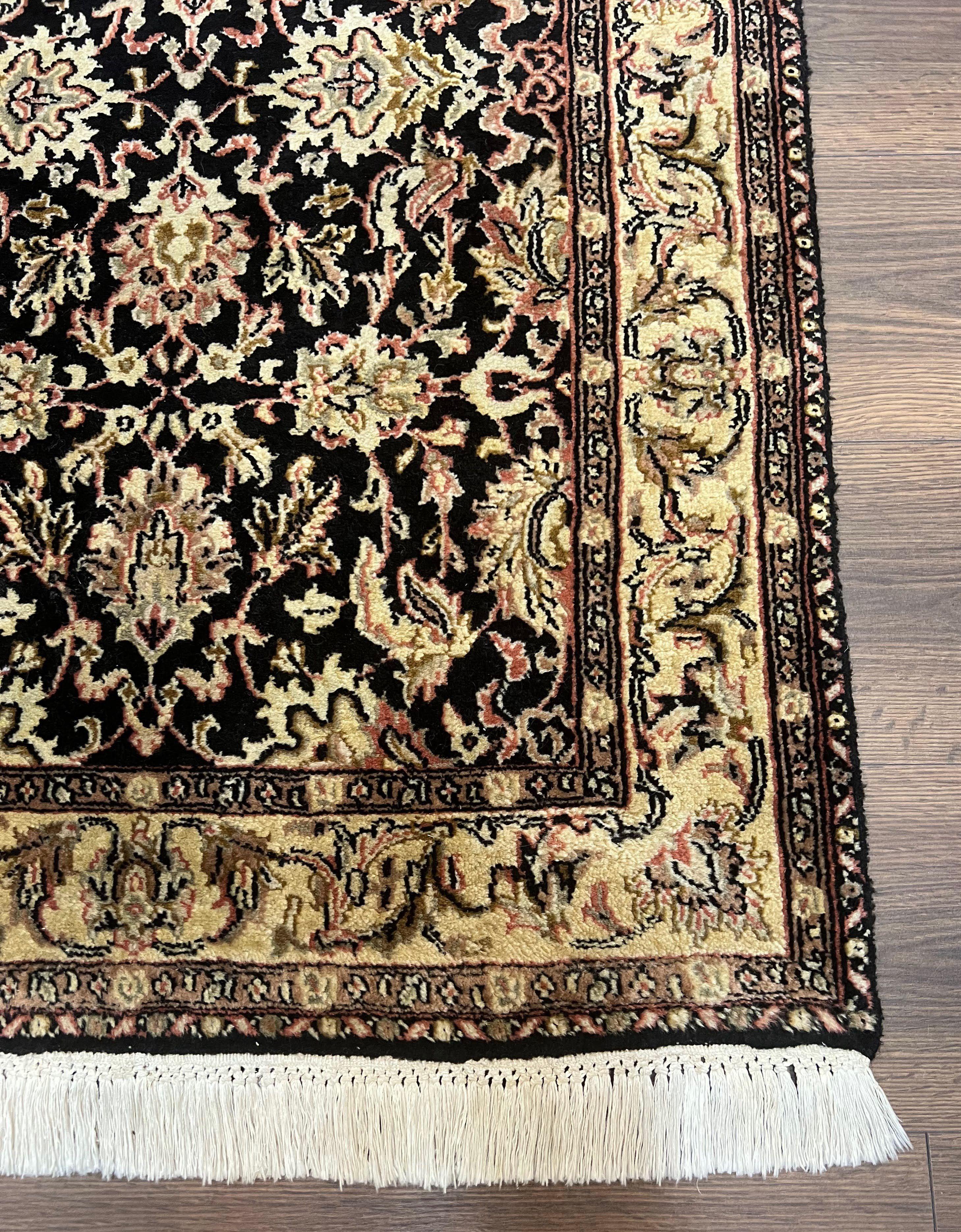 Indo Persian Runner Rug 2.8 x 8, Hand Knotted Wool Oriental Runner, Hallway Rug, Allover Floral, Black and Beige, Vintage Indian Runner - Jewel Rugs