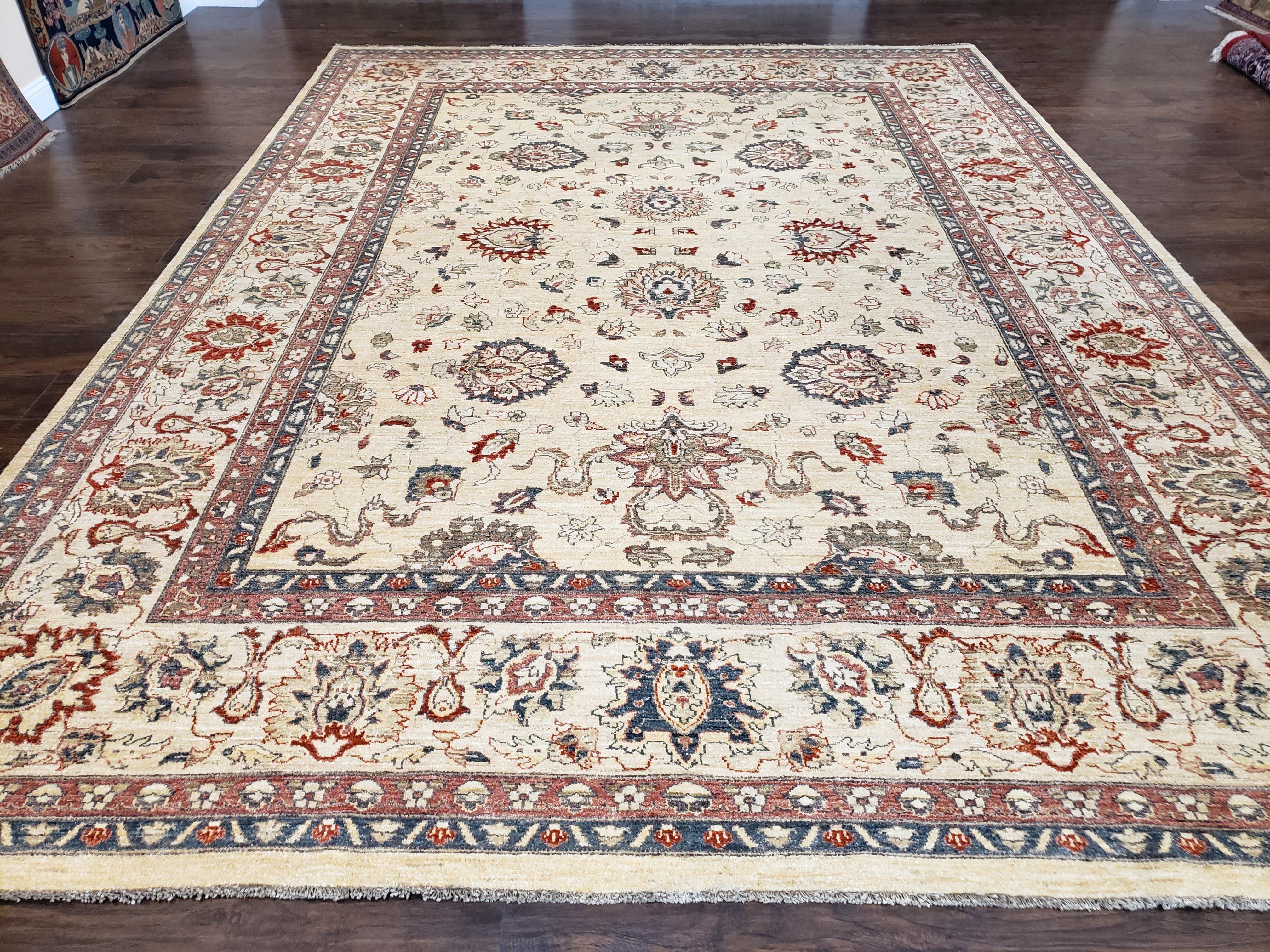 Peshawar Chobi Room Sized Rug 10 x 13.8, Wool Hand-Knotted Light Gold & Red Sultanabad Pakistani Oriental Carpet, 10x14 Decorative Mahal Rug - Jewel Rugs