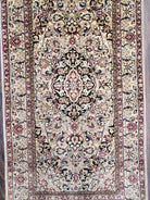 Silk Oriental Rug 1' 7" x 3', Very Fine Silk Carpet, Small Silk Rug, Traditional Floral Medallion, Hand-Knotted Cream Beige Vintage Silk Rug - Jewel Rugs