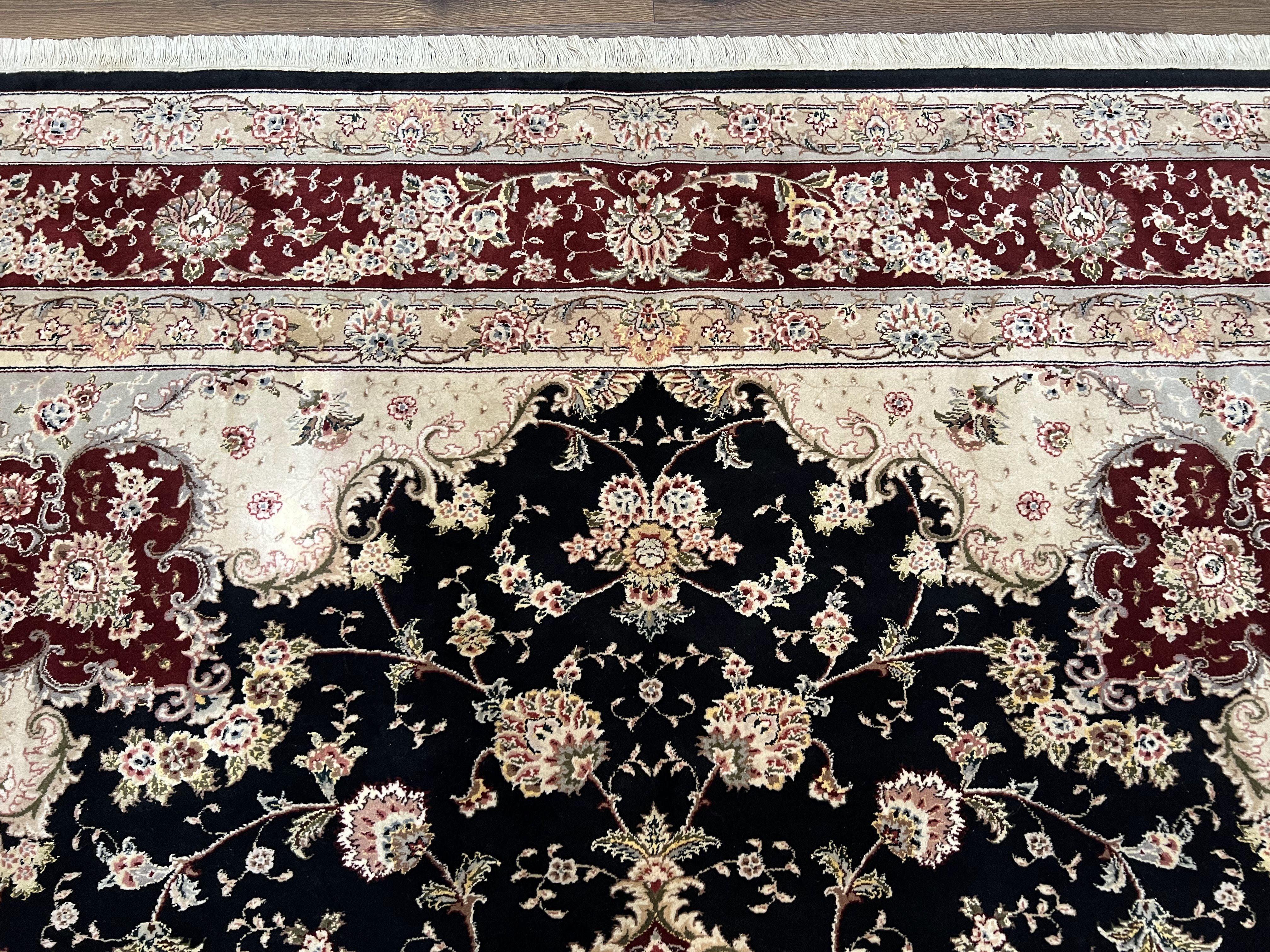 Pak Persian Rug 8.8 x 10.6, Floral Medallion, Wool and Silk Hand Knotted Fine Oriental Carpet, Elegant Rug, Black Gray Burgundy, Room Sized - Jewel Rugs