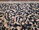 Chinese Aubusson Rug 8.8 x 11, Black Cream Gold, Allover Floral Pattern, Vintage Wool Pile Rug, Traditional European Design, Handmade Carpet - Jewel Rugs