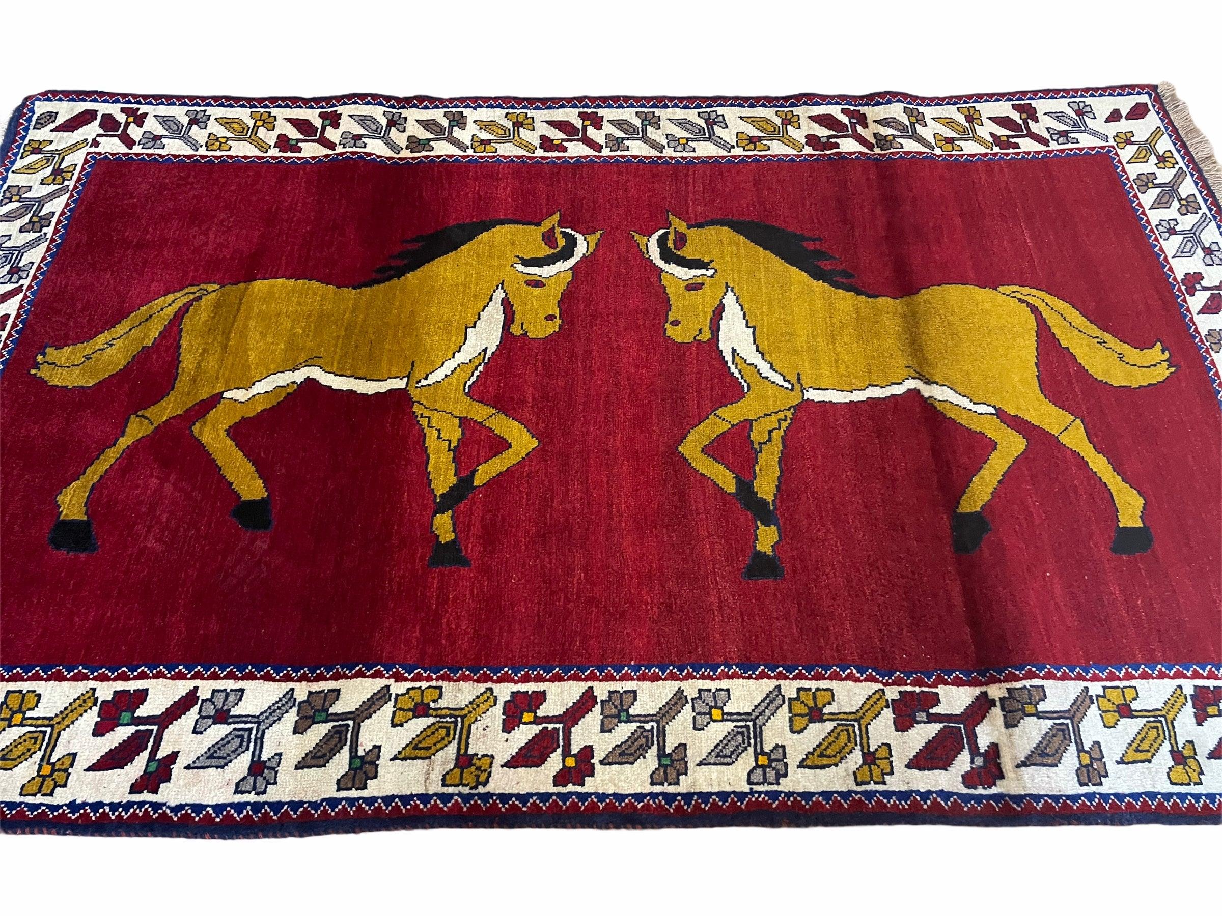 4 X 7 Handmade Hand-Knotted Quality Wool Rug Horses Zagros Red Mustard Gold New - Jewel Rugs