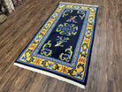 Chinese Art Deco Rug 3 x 5.9, Handmade Chinese Peking Carpet, Dark Blue and Gold, Medallion, Asian Oriental 3x6 Hand Knotted Vintage Rug - Jewel Rugs