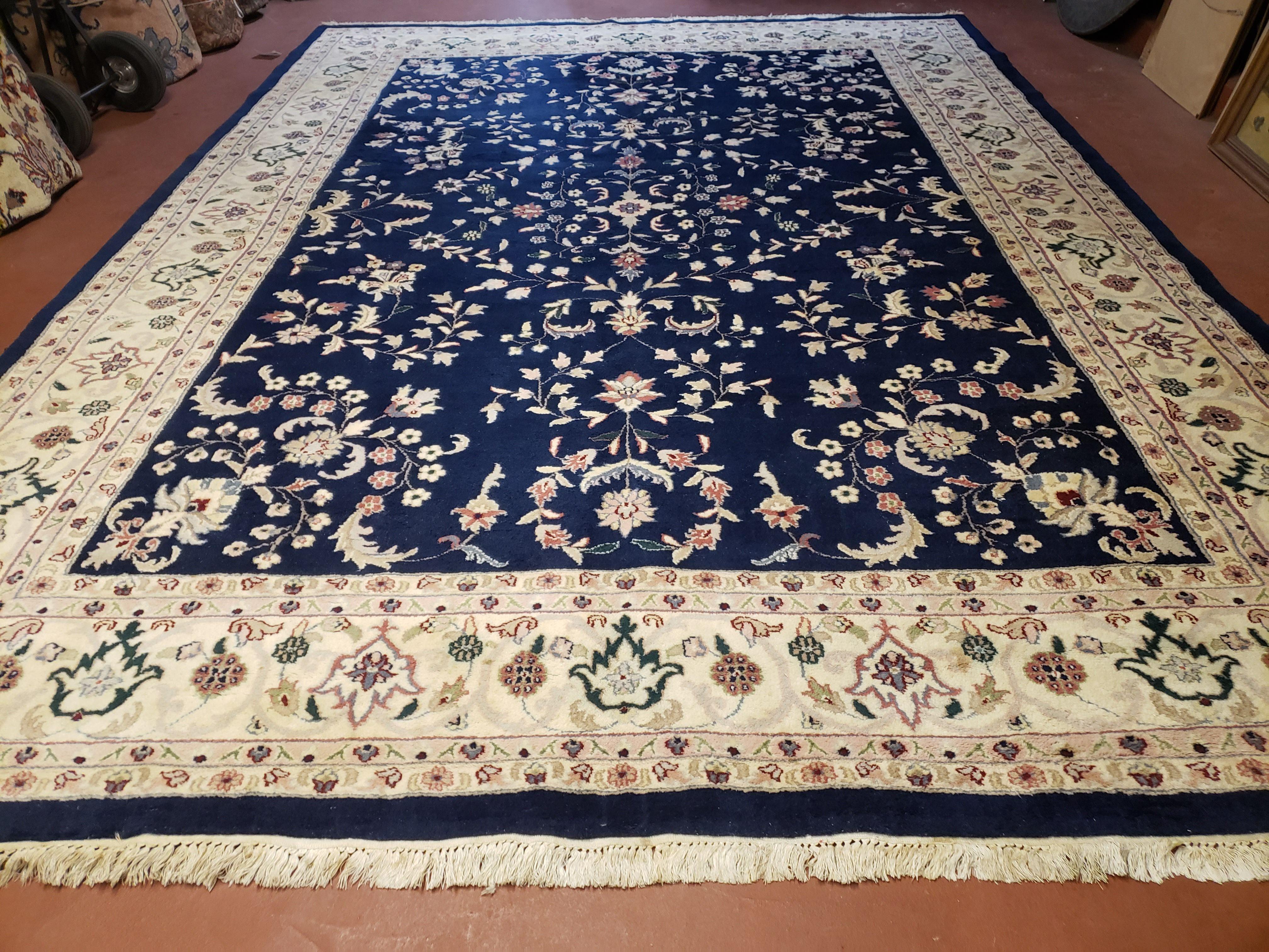 9x12 Pak Persian Floral Rug, 9 x 12 Pakistani Peshawar Rug, Midnight Blue Rug, Beige & Ivory, Hand-Knotted Oriental Carpet, Living Room Rug - Jewel Rugs