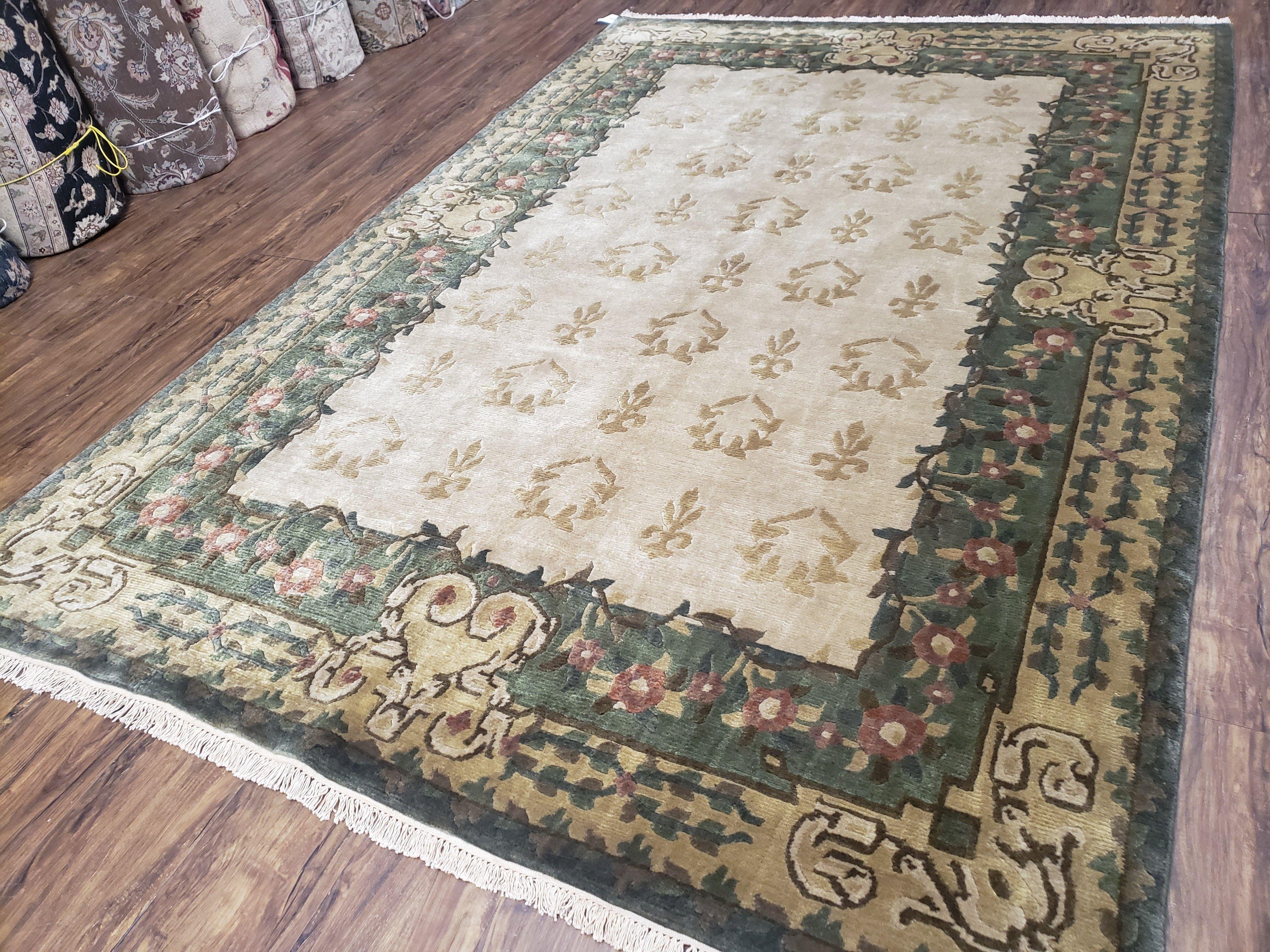 Vintage Nepalese Aubusson Area Rug 6x9, Hand-Knotted Beige & Green Tibetan Carpet, Soft Plush Pile, 6 x 9 European Design Rug - Jewel Rugs