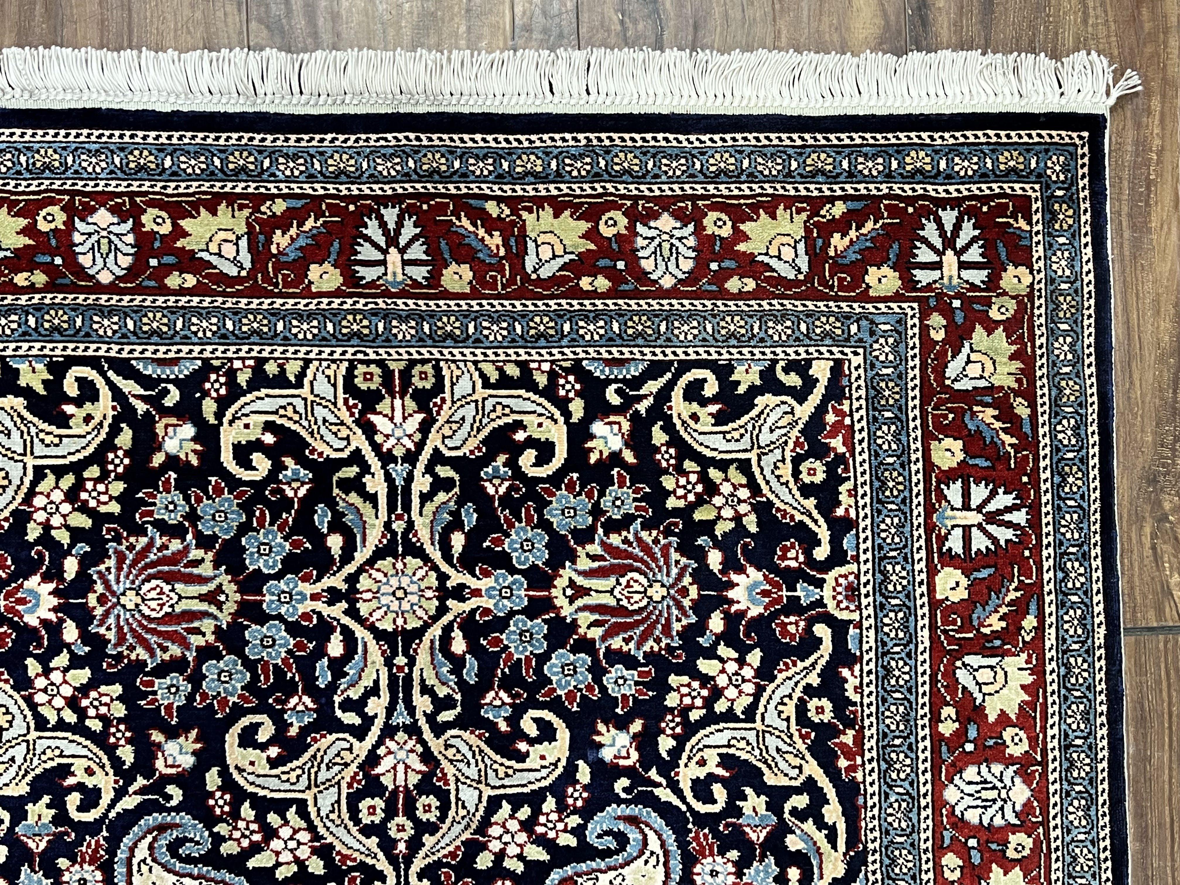 Turkish Silk Rug 3x4, Vintage Silk Carpet, Repeated Boteh Paisely Floral, Black Red Blue Fine Small Silk Rug 3 x 4 Hand Knotted Oriental Rug - Jewel Rugs